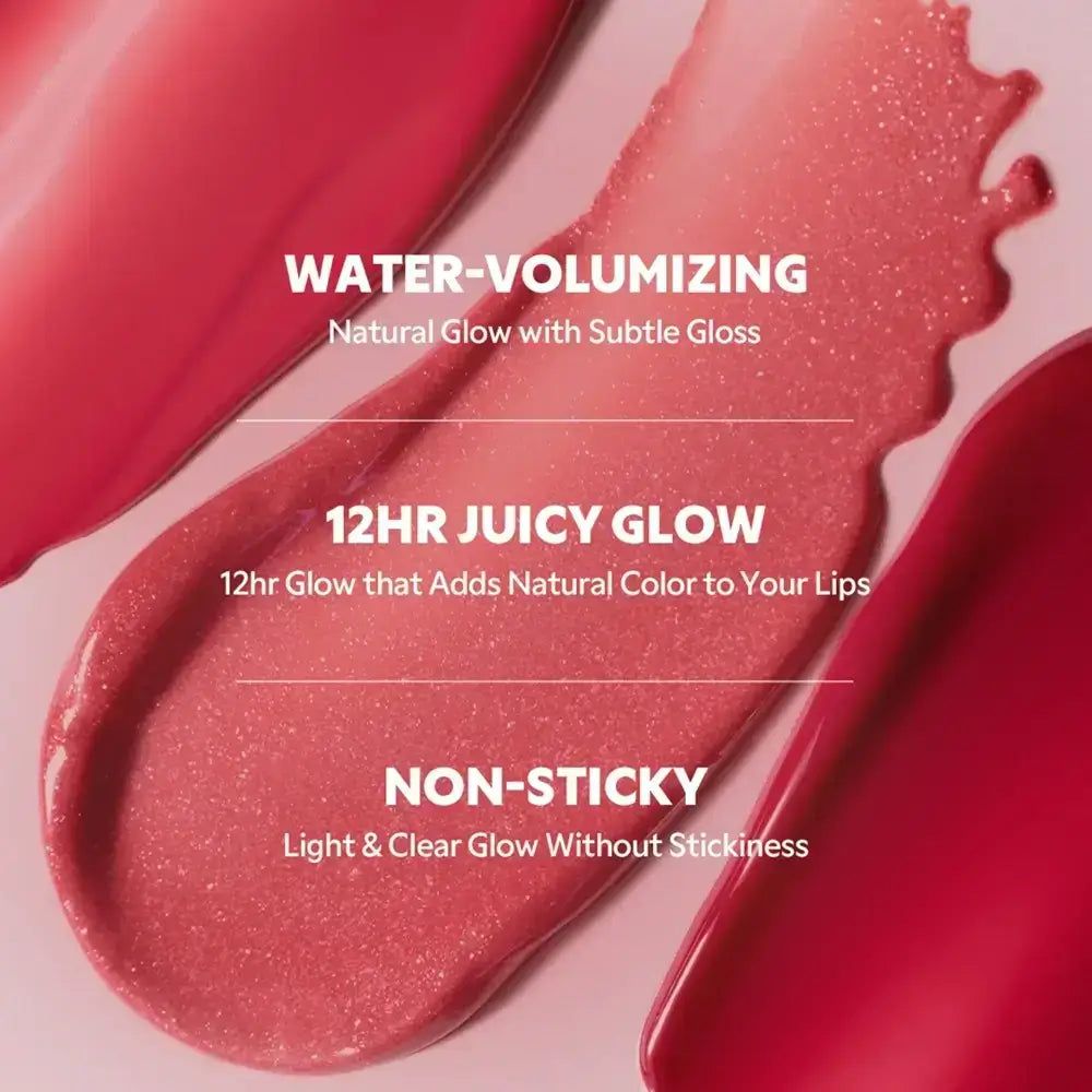 Text: WATER-VOLUMIZING, 12HR JUICY GLOW, NON-STICKY. Farb-Swatches.