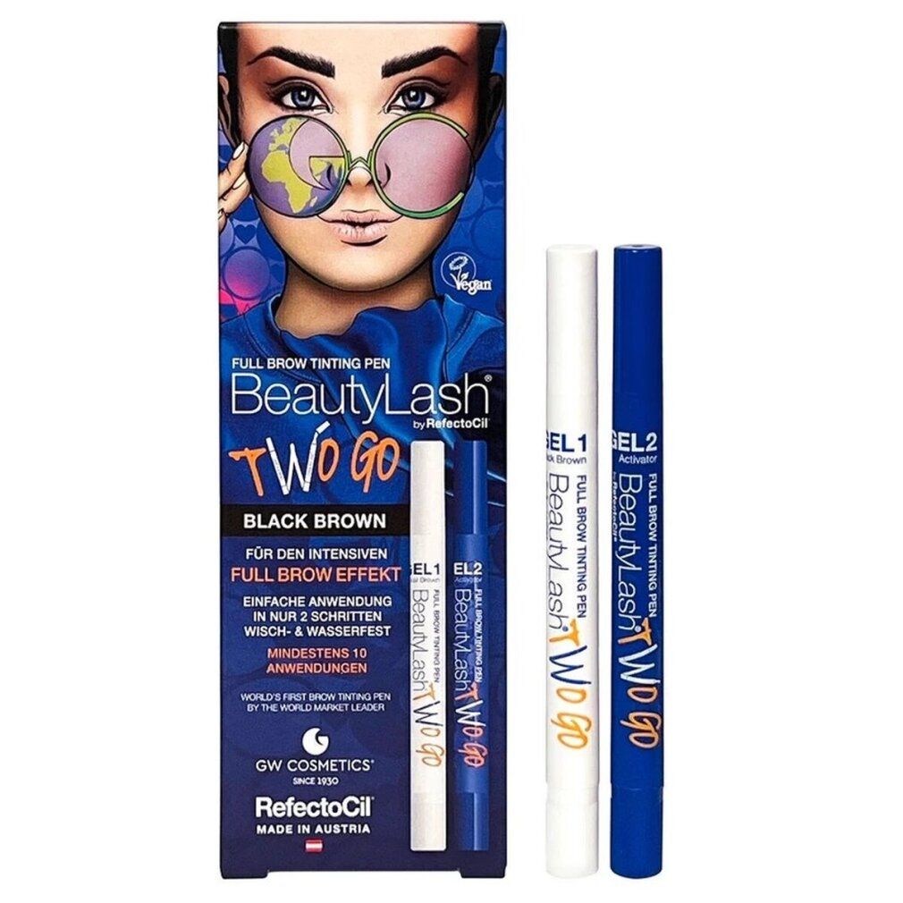 RefectoCil BeautyLash TWO GO Black Brown. Verpackung mit Stiften und Aktivator. Vegan-Siegel.