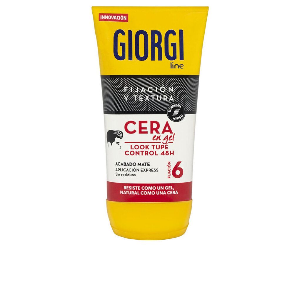 Gel-Haarwachs-Tube. Gelbe Tube mit schwarzem und weißem Etikett. Schriftzug: Giorgi Line, Cera en gel, Fixierung 6.