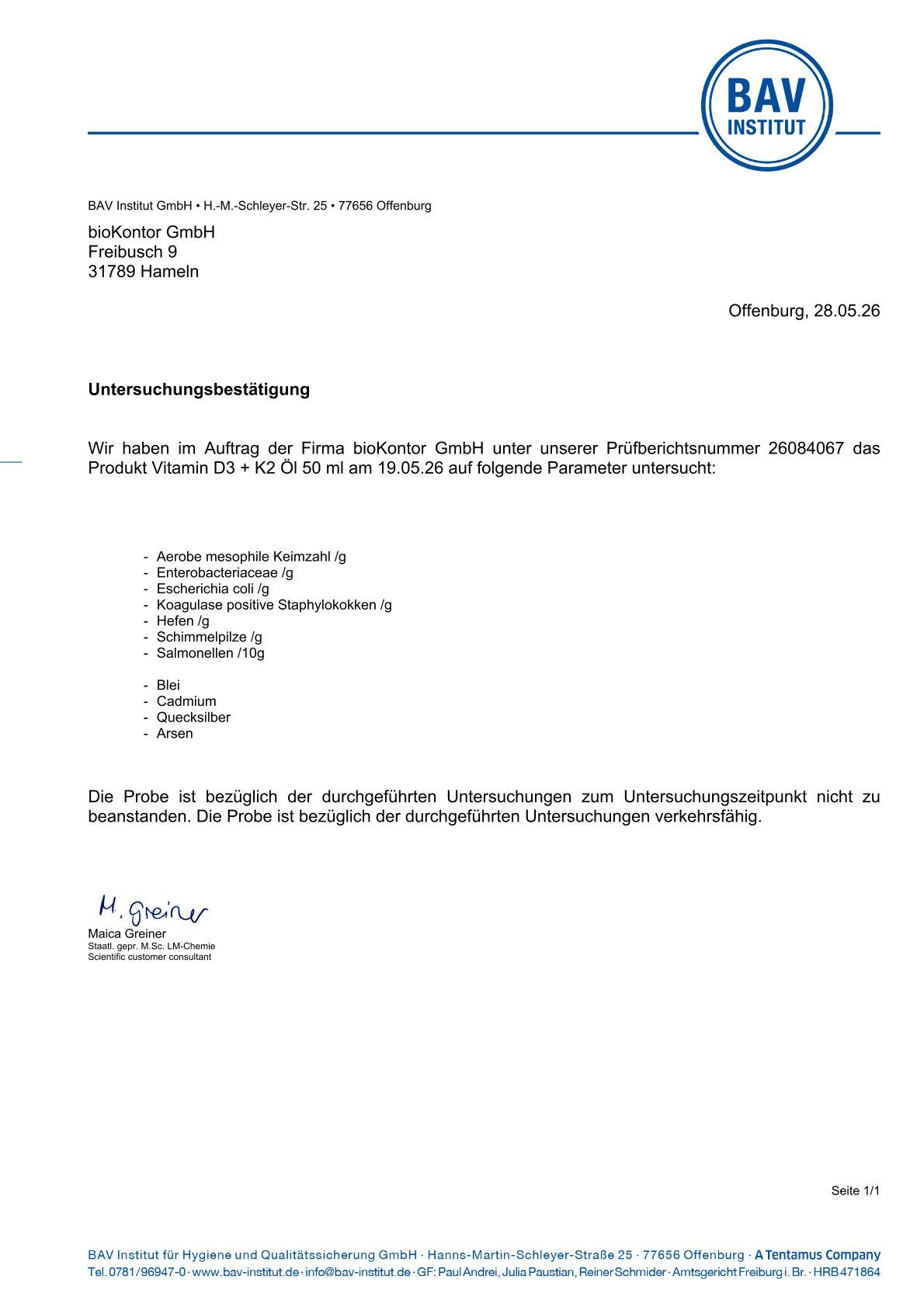 Untersuchungsbestätigung des BAV Instituts für Vitamin D3+K2 Öl.