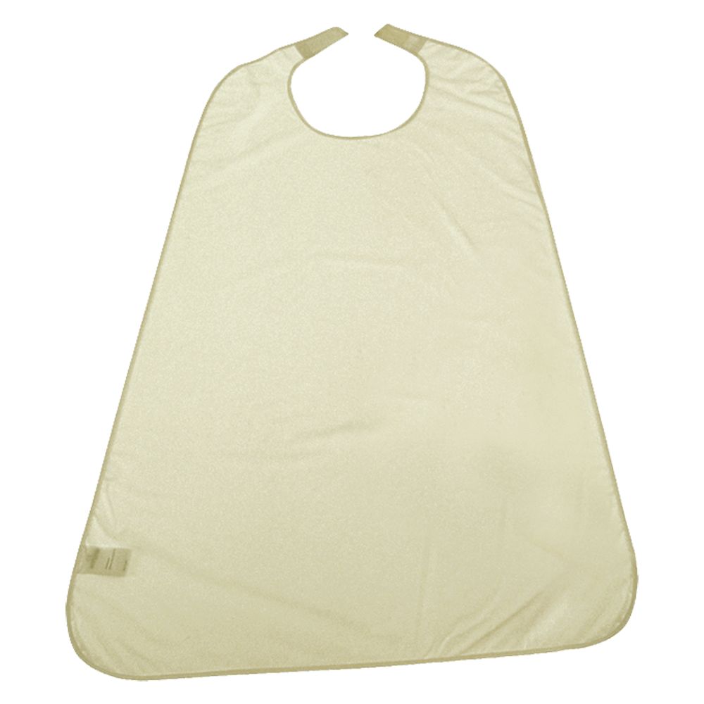 Beige PVC Ess-Schürze/Lätzchen. Rechteckige Form mit abgerundeten Ecken. Hals- und Schulterriemen.