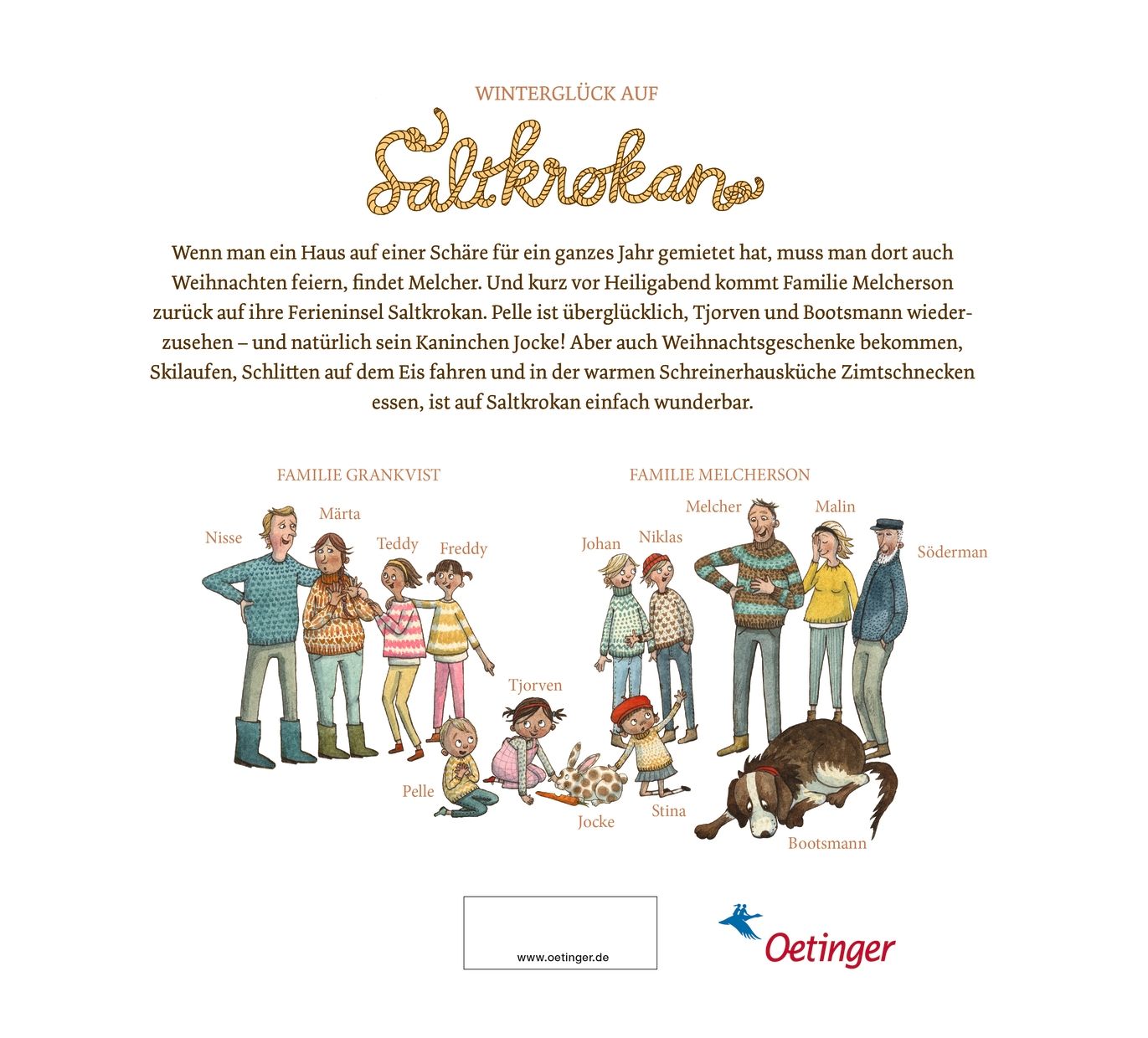 Rückseite des Buches "Ferien auf Saltkrokan". Illustration: Familie, Hund, Text.