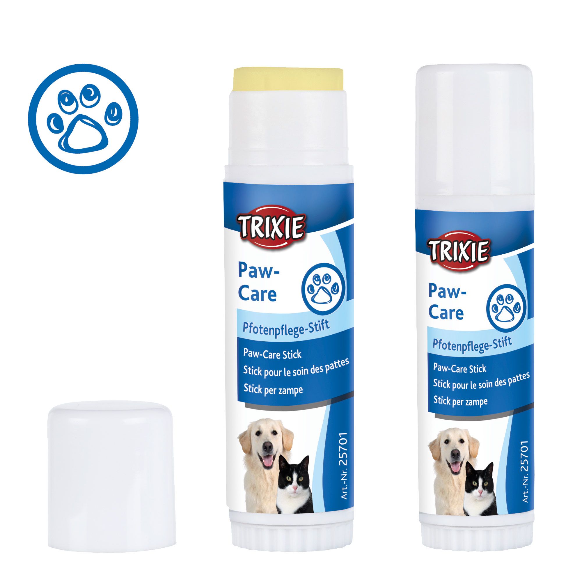 Pfotenpflege-Stift. Weißer Stift mit blauer Banderole. Aufdruck: Trixie, Paw-Care, Pfoten-Symbol, Hunde-Abbildung.