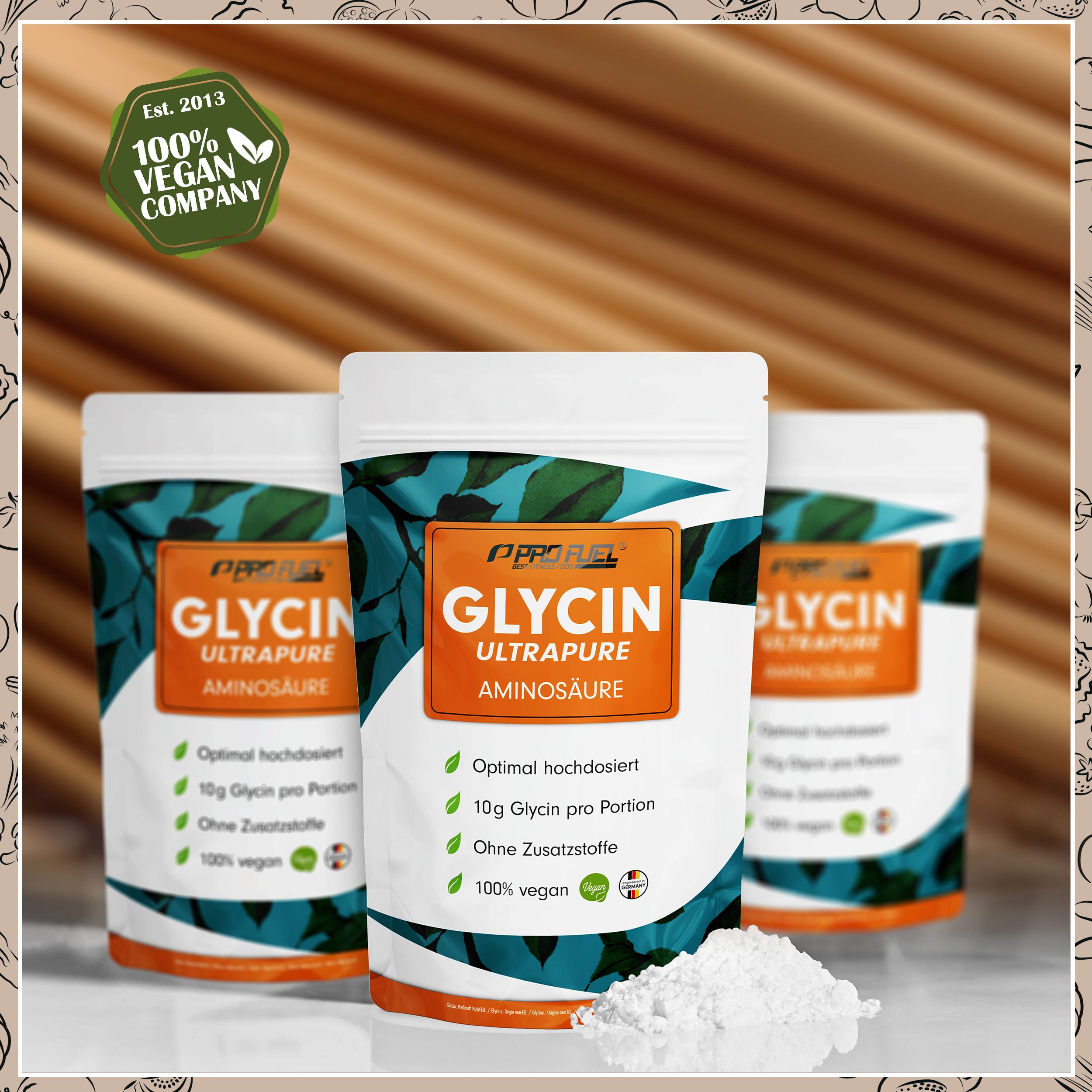 Drei Beutel Glycin-Pulver. Aufdruck: 10g Glycin pro Portion, ohne Zusatzstoffe, 100% vegan. Mit Pulverhaufen im Vordergrund.