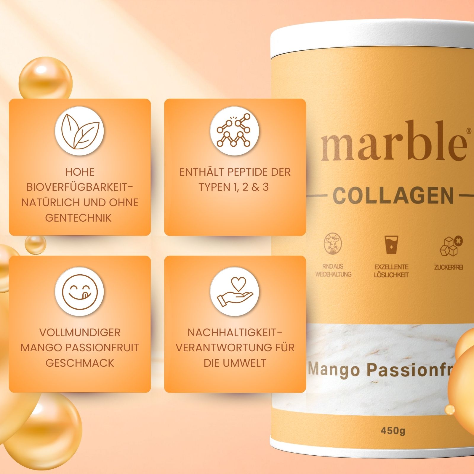 Zylindrische Dose mit "marble" und "COLLAGEN"-Logo. Mango-Passionsfrucht-Geschmack. 450g. Text: Hohe Bioverfügbarkeit, enthält Peptide.