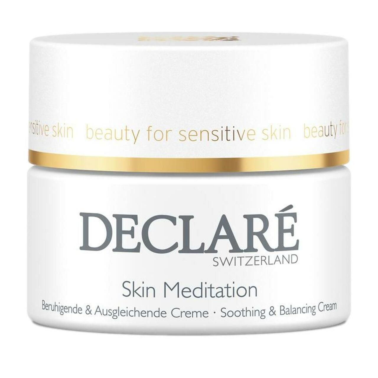 Weißes Creme-Glas mit goldfarbenem Rand. Aufschrift: DECLARÉ, Skin Meditation Cream. Text: Soothing & Balancing Cream.
