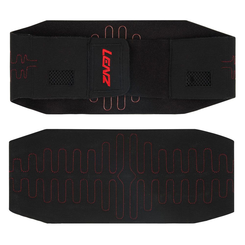 Schwarze Rückenbandage mit roter Naht und LENZ-Logo. Klettverschluss und Belüftungseinsätze.