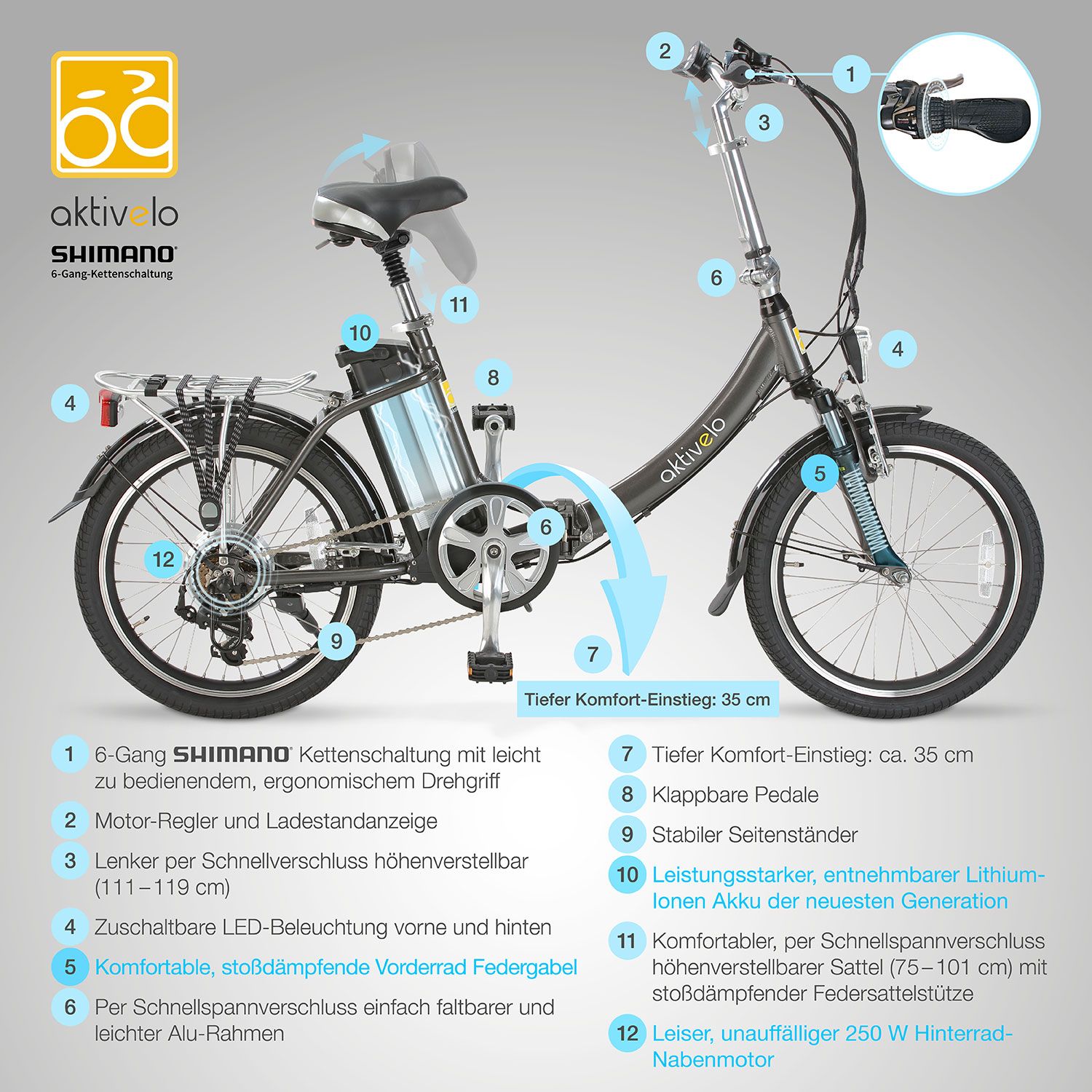 aktivelo Faltrad für Herren & Damen, 20 Zoll, elektro mit Felgenbremse, 6 Gänge