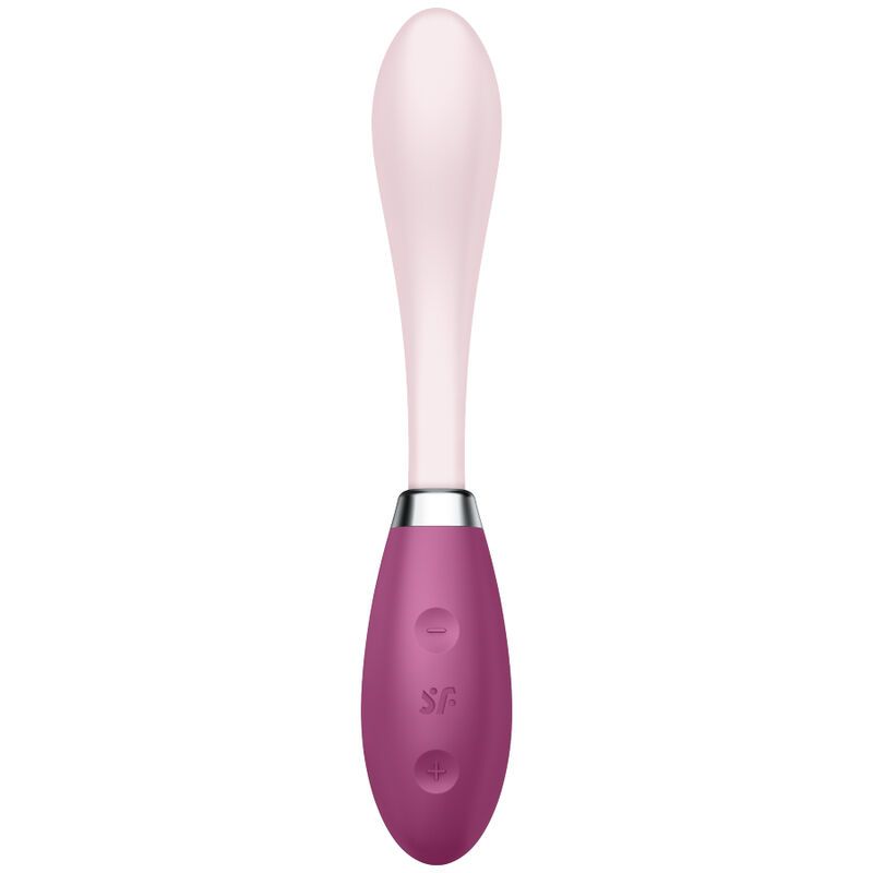Vibrator mit lila Griff und weißem Kopf. Bedienknöpfe und Logo auf dem Griff.
