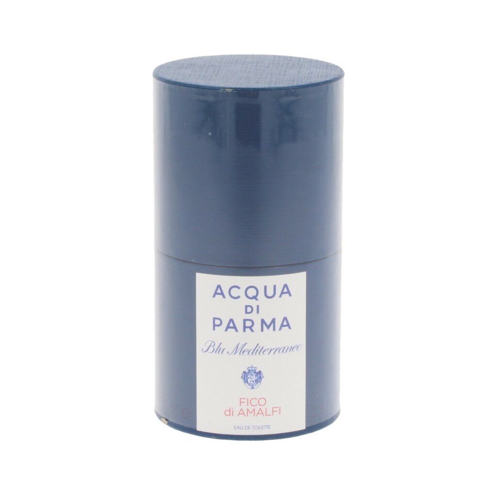 Zylindrische blaue Verpackung. Weißes Etikett mit Text: Acqua Di Parma Blu Mediterraneo Fico di Amalfi.