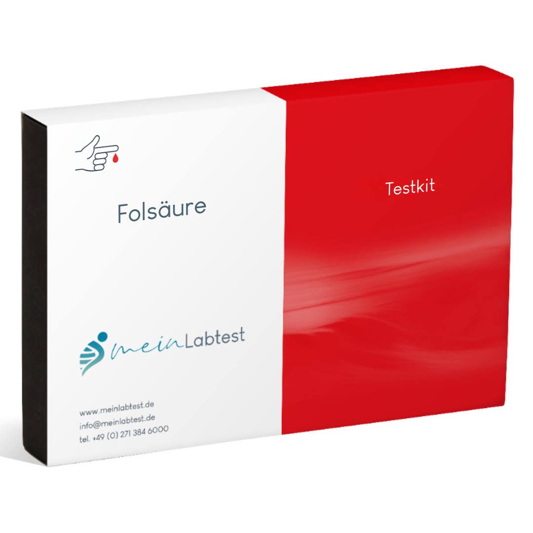 Folsäure Testkit-Verpackung. Weiß-roter Karton mit Logo und Schriftzug. Enthält Testkit-Informationen.