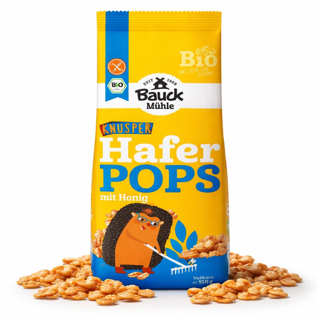 Bauckhof Knusper Haferpops mit Honig: Gelbe Packung mit Igel, Haferflocken und Bio-Siegel.