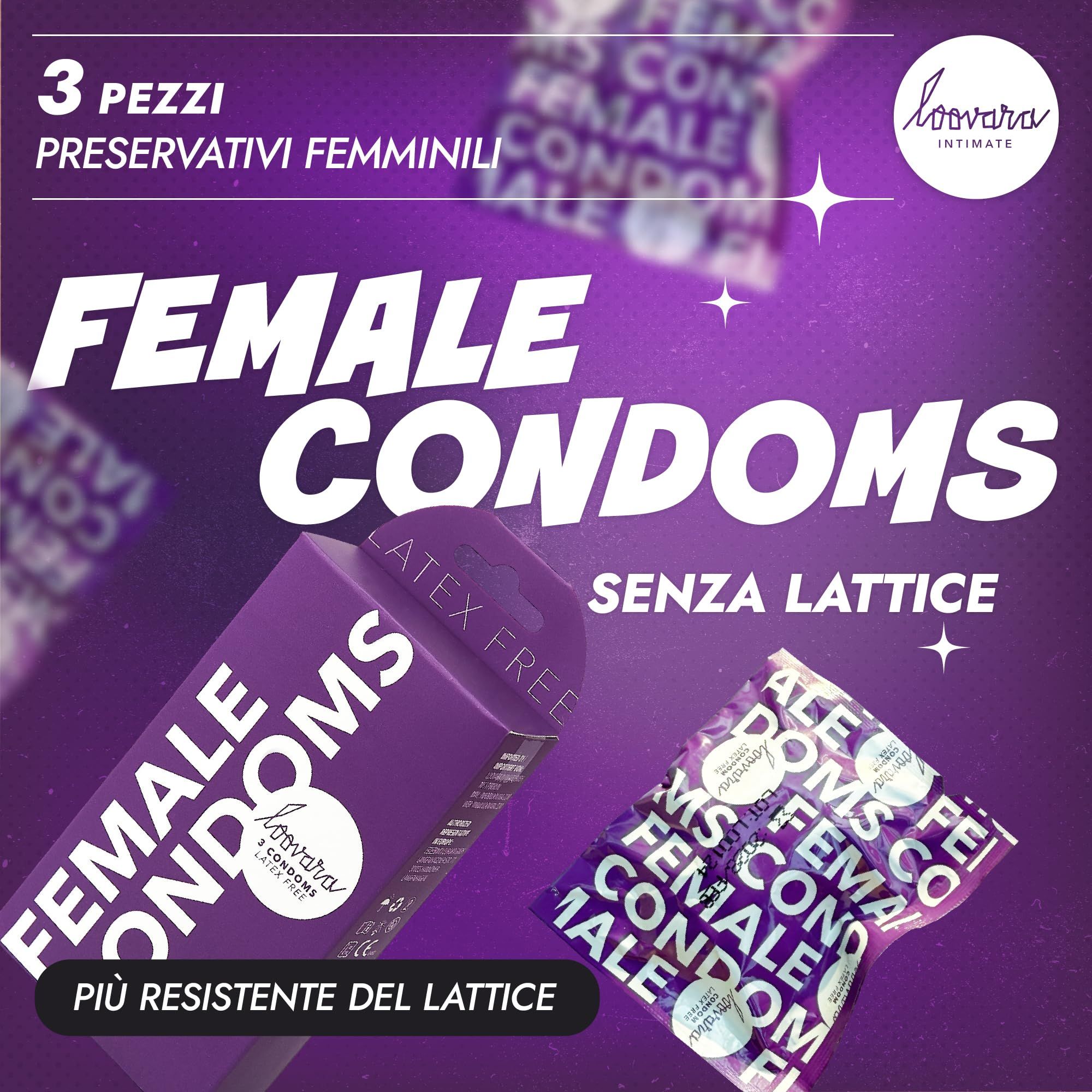 Lila Verpackung mit "FEMALE CONDOMS" und 3 Kondomen, "LATEX FREE" hervorgehoben.