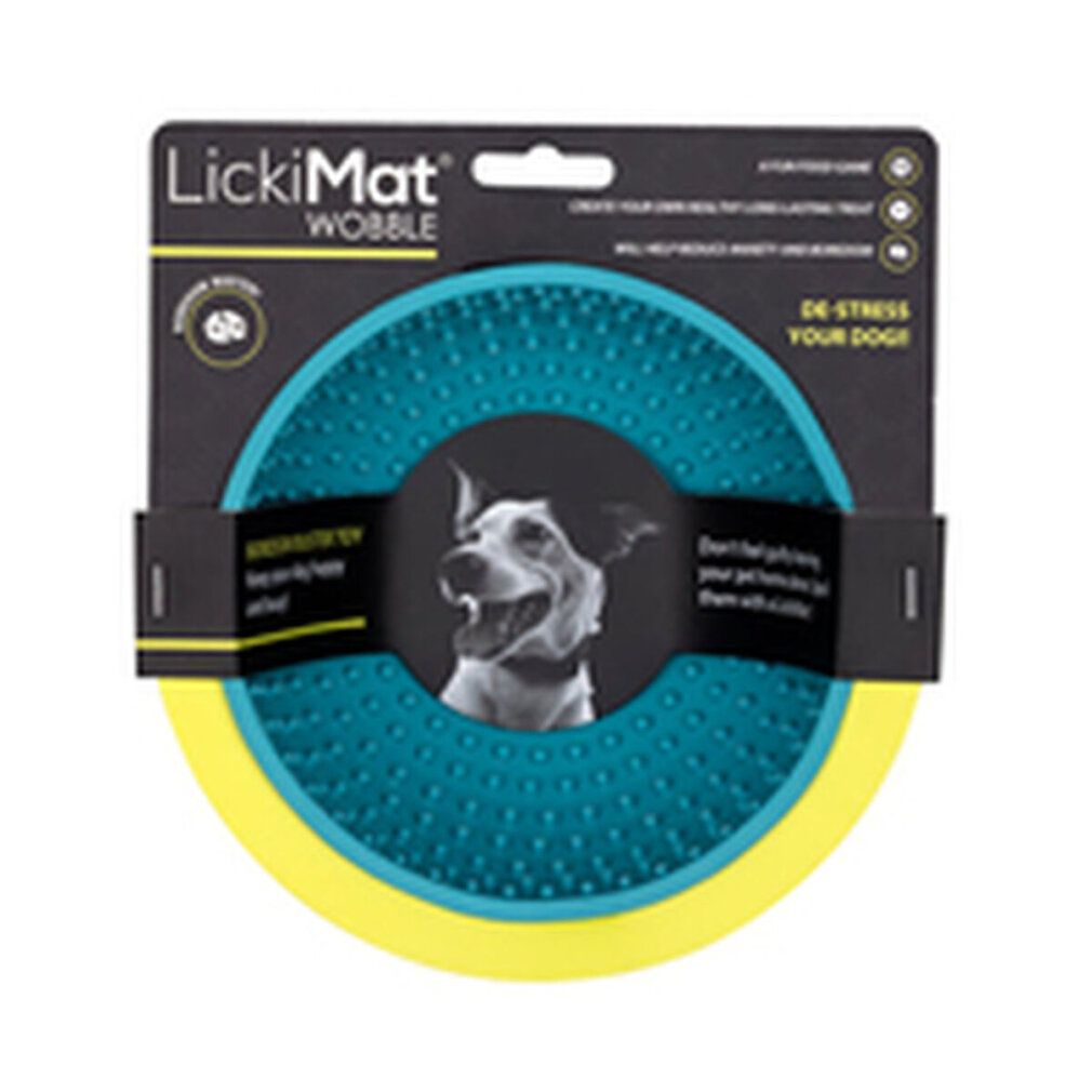 LickiMat Wobble in Verpackung. Runde Form, türkis mit gelbem Rand. Hundefoto. Text: 'Boredom Buster' und 'De-Stress Your Dog'.