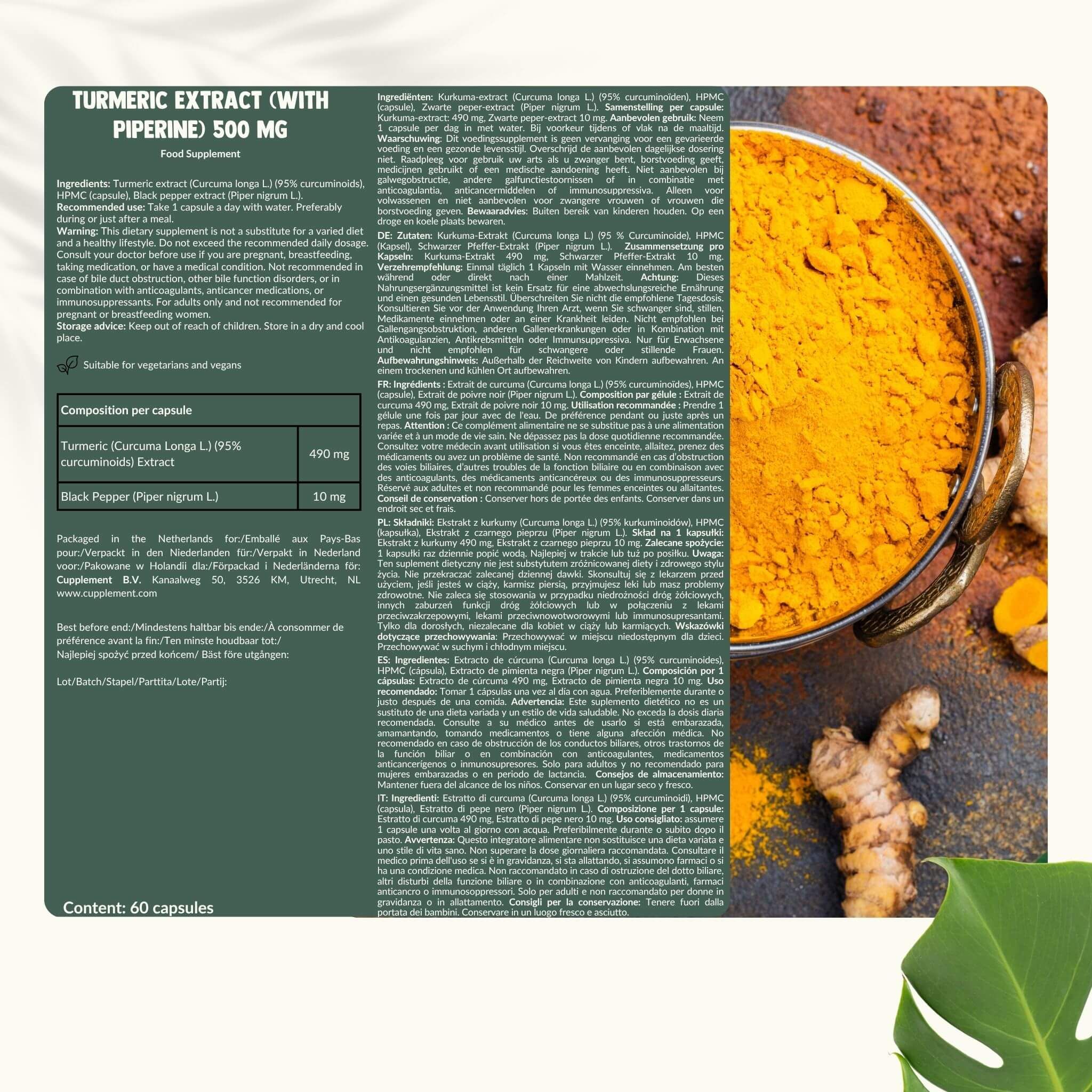 Brauner Beutel mit Kurkuma-Extrakt-Kapseln. 95% Curcumin. 60 Kapseln.