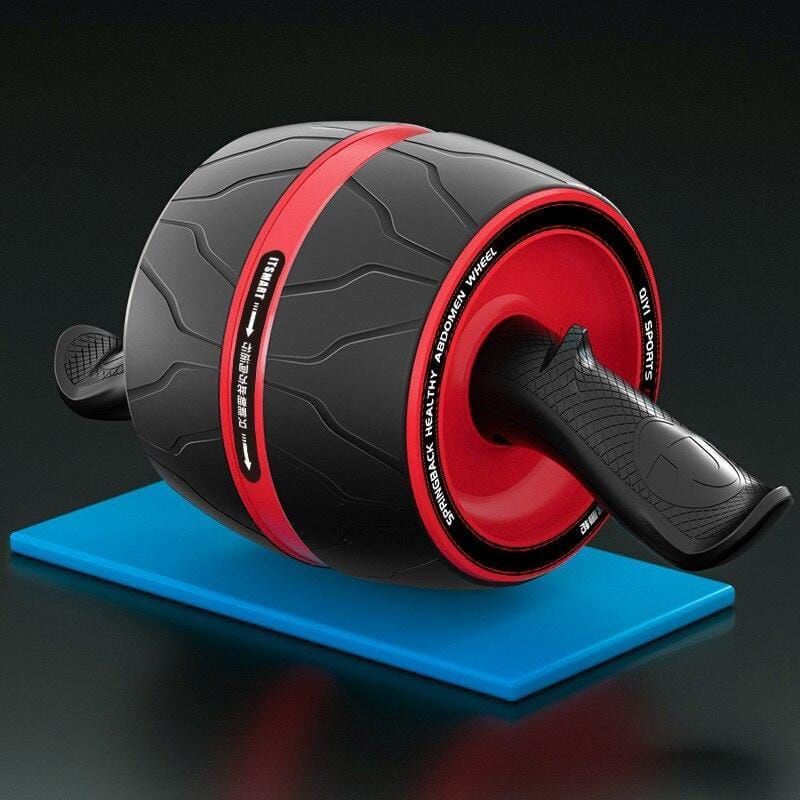 Schwarze und rote Bauchtrainer Rolle mit Griffen, auf blauer Matte. Aufschrift: 'ABDOMEN WHEEL'.