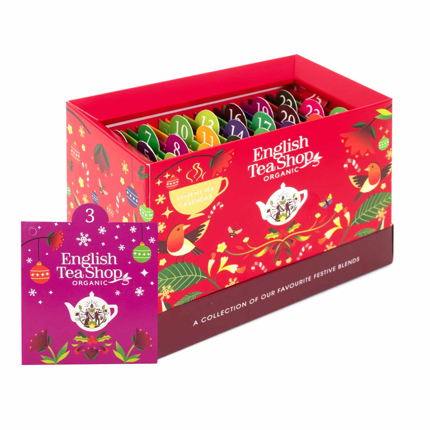 Rote Adventskalender-Box mit Teebeuteln. Auf der Box: Logo English Tea Shop, Illustrationen und Text. Einzelner Teebeutel mit Nummer 3.