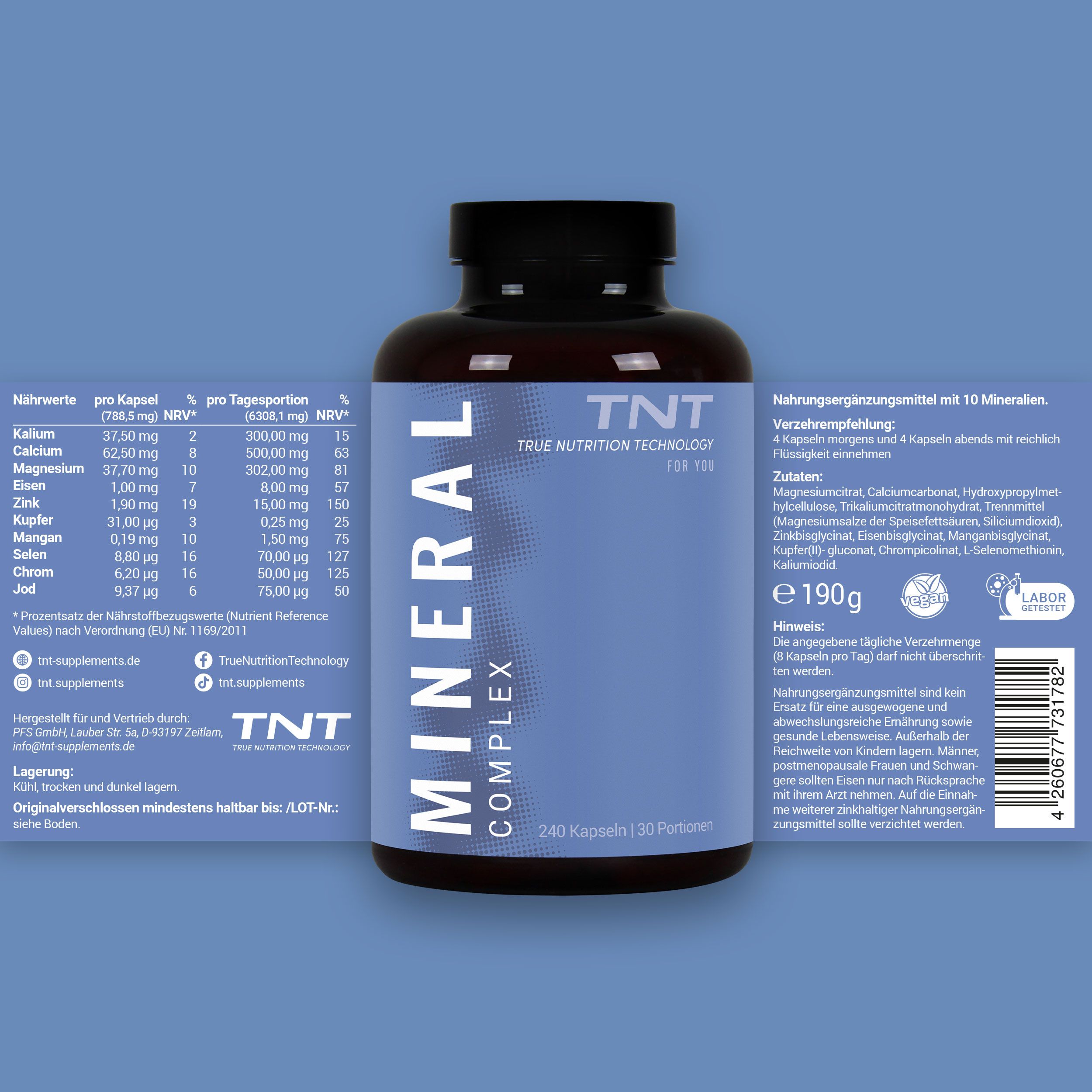 Braune Flasche mit blauem Etikett. Aufschrift: MINERAL COMPLEX, TNT. Enthält 240 Kapseln. Nährwertangaben und Inhaltsstoffe.
