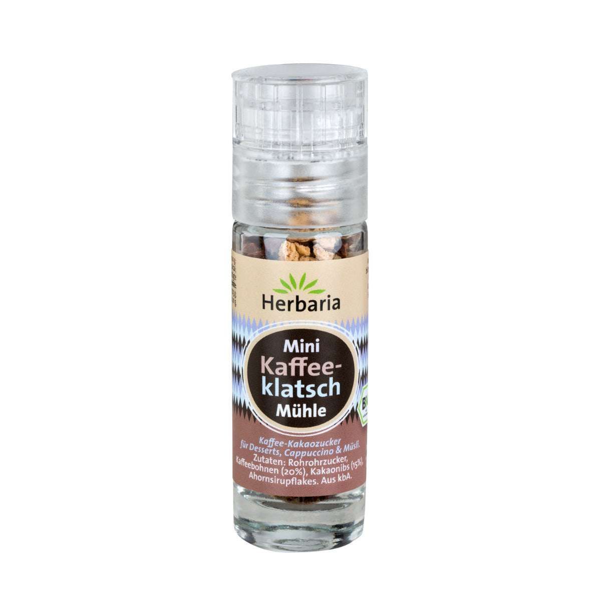 Mini Kaffeeklatsch Mühle. Glasbehälter mit transparentem Deckel. Aufkleber mit Produktinformationen und Bio-Siegel.