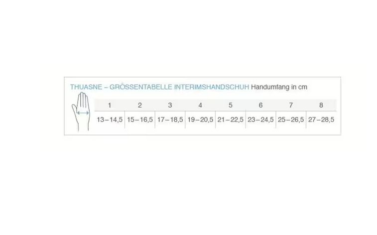Größentabelle für Handschuhe mit Handumfang in cm.