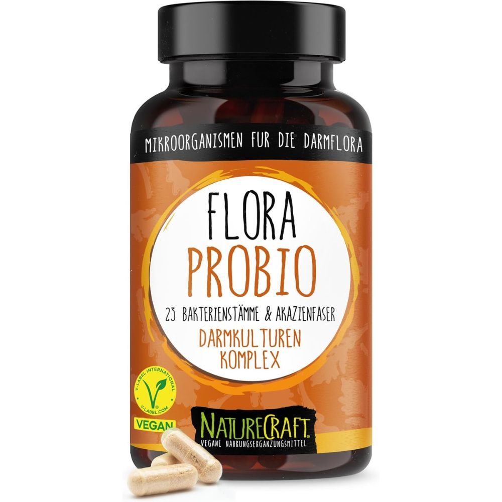 Braune Flasche mit Kapseln. Aufschrift: Flora Probio, 23 Bakterienstämme, Darmkulturen Komplex. Vegan-Siegel.