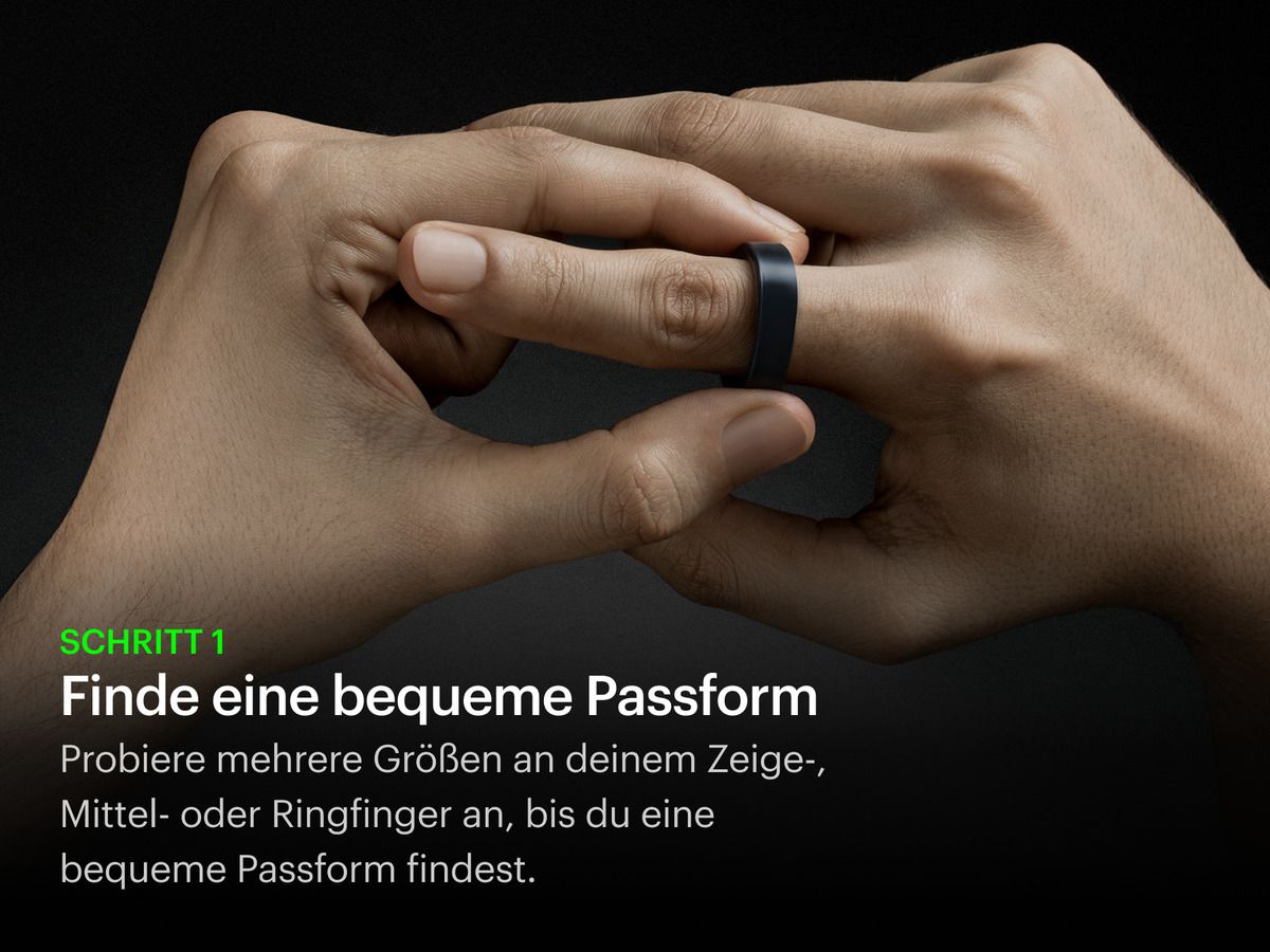 Hand mit Ring am Finger. Text: Finde eine bequeme Passform. Schritt 1.