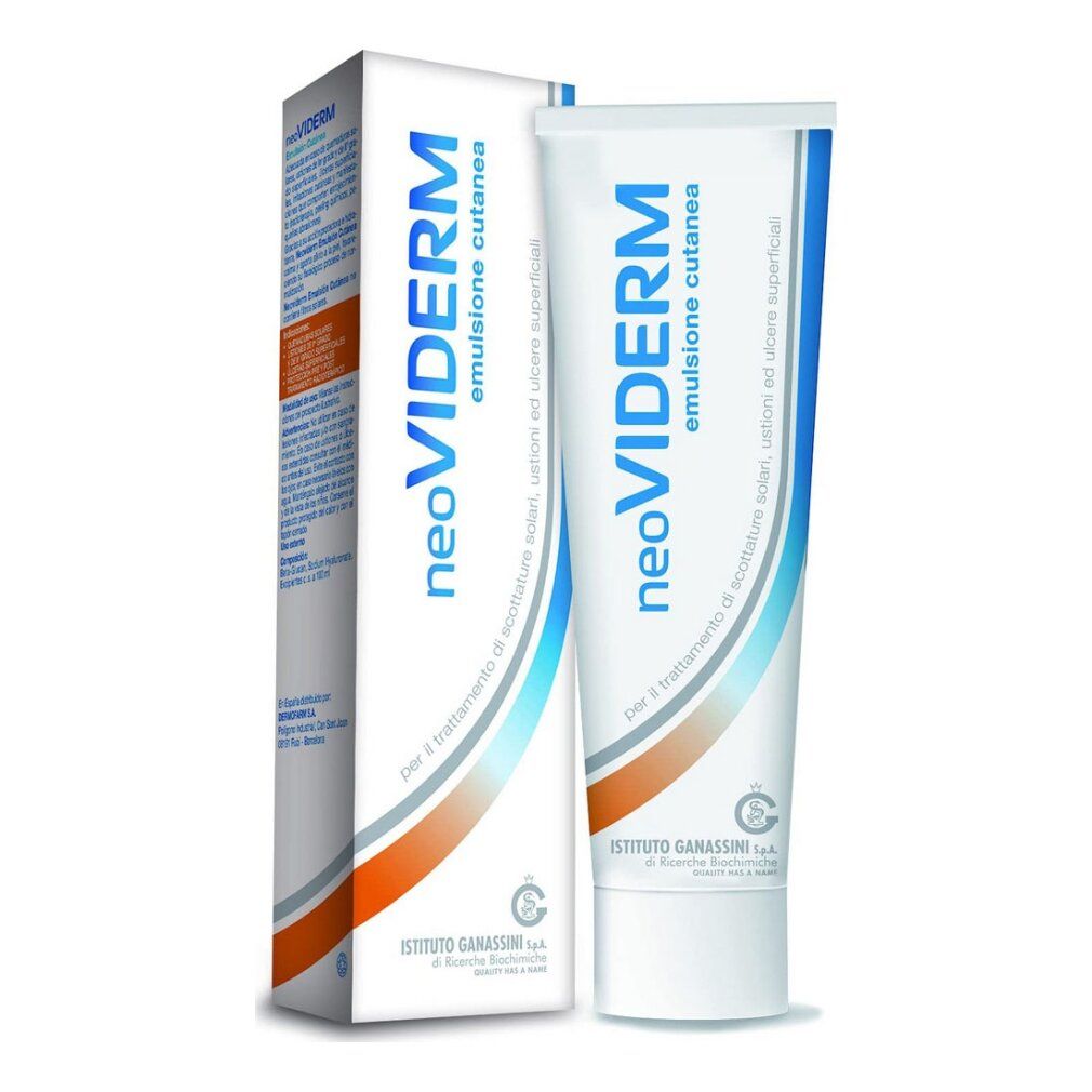Weiße Tube und Schachtel mit blau-orangefarbenem Design. Aufschrift: neoVIDERM, Emulsione cutanea. Tube mit Schraubverschluss.