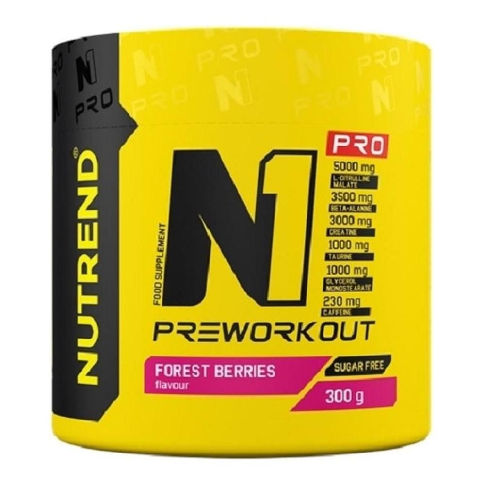 Gelbe Dose mit schwarzem Deckel. Aufschrift: NUTREND, N1 PRO PREWORKOUT, FOREST BERRIES, 300 g. Enthält Inhaltsstoffangaben.