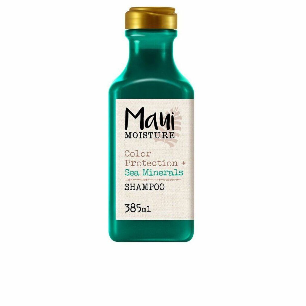 Grüne Shampoo-Flasche mit goldfarbenem Deckel. Etikett mit "Maui Moisture", "Color Protection + Sea Minerals" und "Shampoo".