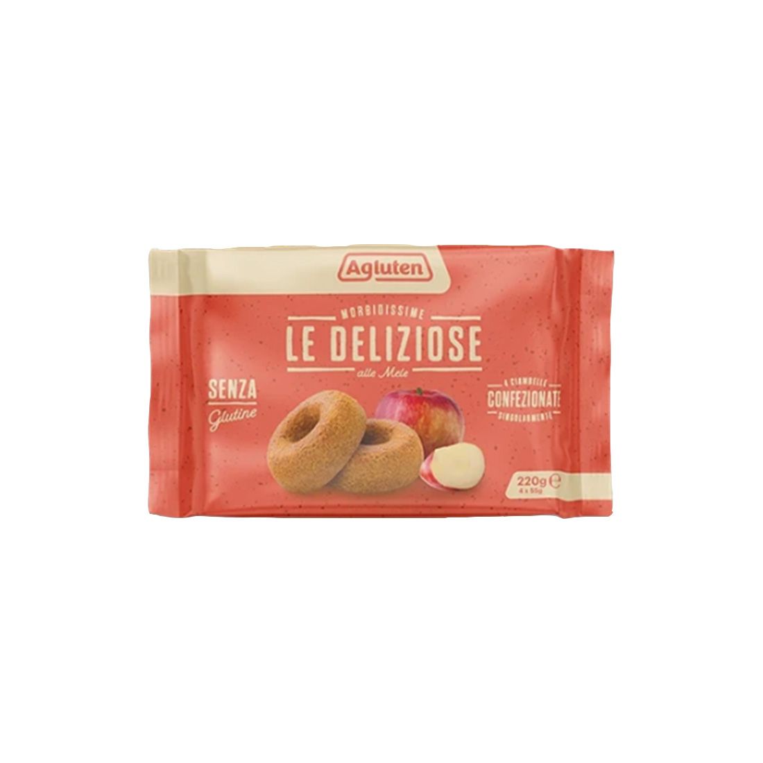 Confezione di merendine alle mele "Le Deliziose" senza glutine Agluten. L'imballaggio mostra due ciambelle, una mela e pezzi di mela. C'è scritto "Merendine alle Mele" e "Senza Glutine". La confezione contiene 220g.