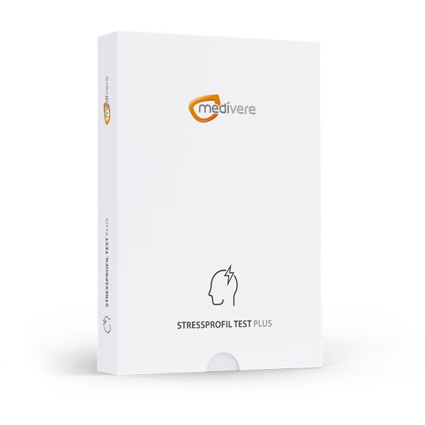 Weiße Produktverpackung mit Logo und Aufschrift "Stressprofil Test Plus".