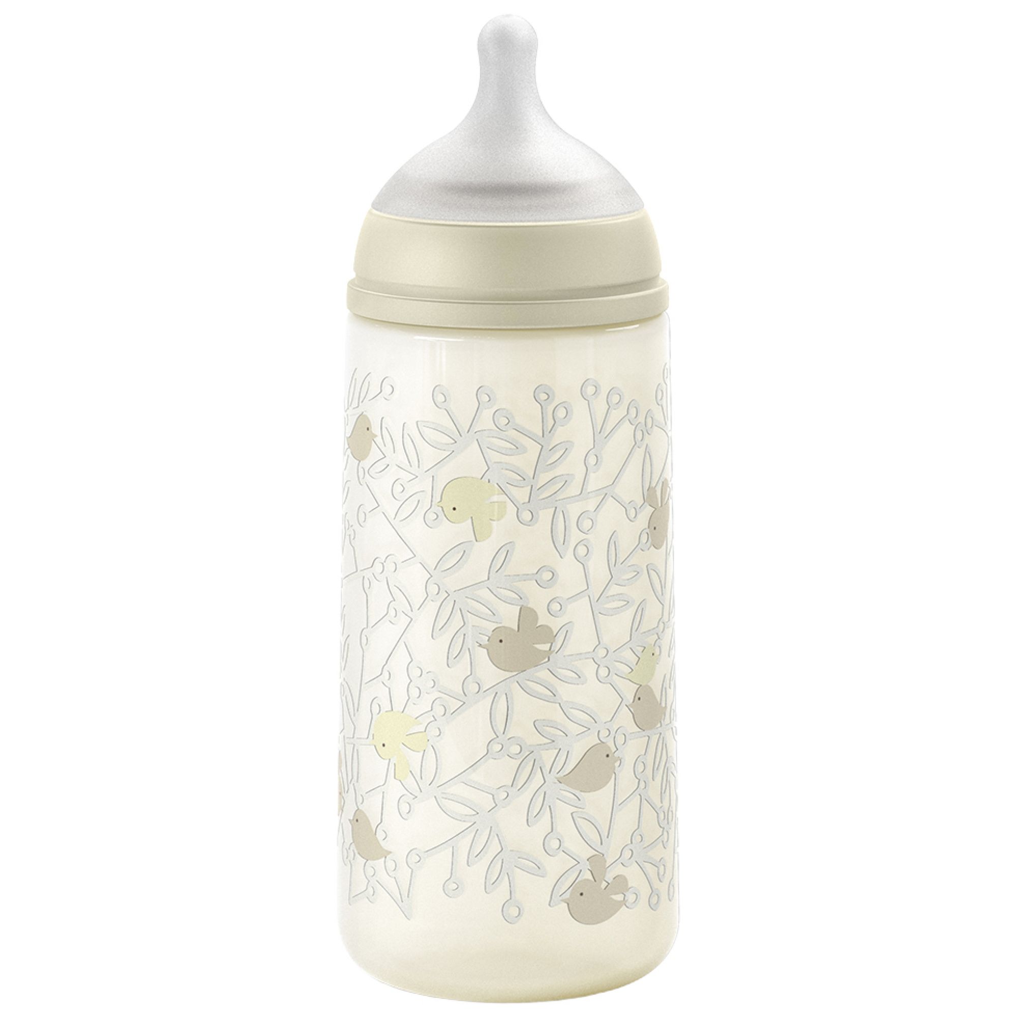 Suavinex Birdies Babyflasche Symmetrischer Sauger Schneller Nahrungsfluss 6 Monate und Mehr (Beige) 7x7x20,3 cm