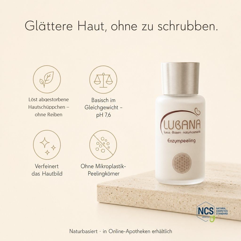 LUBANA Enzympeeling Flasche mit Icons: löst Schuppen, basisch pH 7,6, verfeinert Haut, ohne Mikroplastik.
