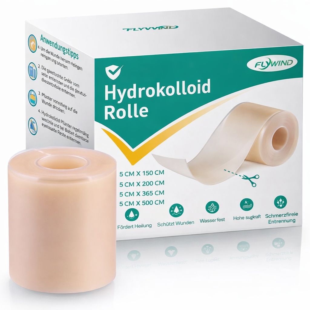 Hydrokolloid Rolle, 5 cm x 150 cm, 200 cm, 365 cm, 500 cm. Verpackung mit Produktabbildung und Anwendungsstipps. Fördert Heilung, schützt Wunden, wasserfest.