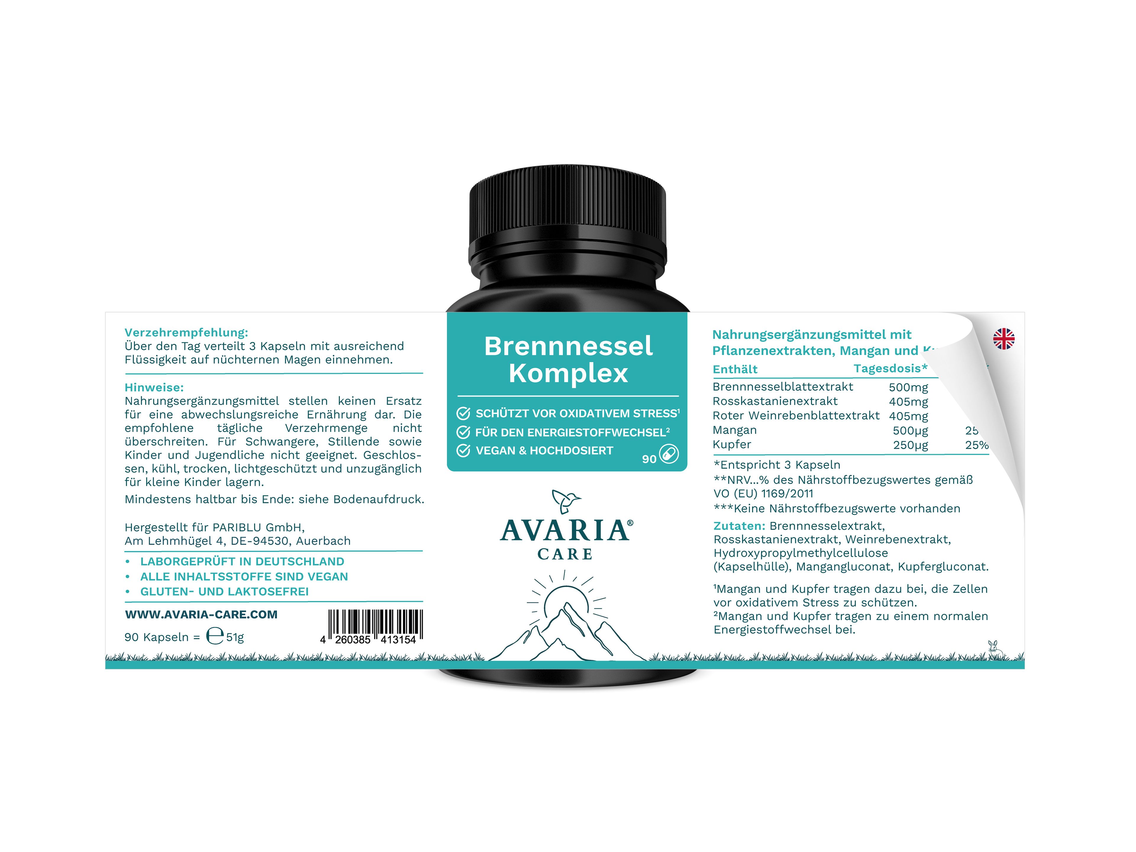 AVARIA CARE® Brennnessel Komplex Flasche mit Etikett. Aufschrift: Brennnessel Komplex, vegan & hochdosiert. Inhaltsstoffe aufgeführt.