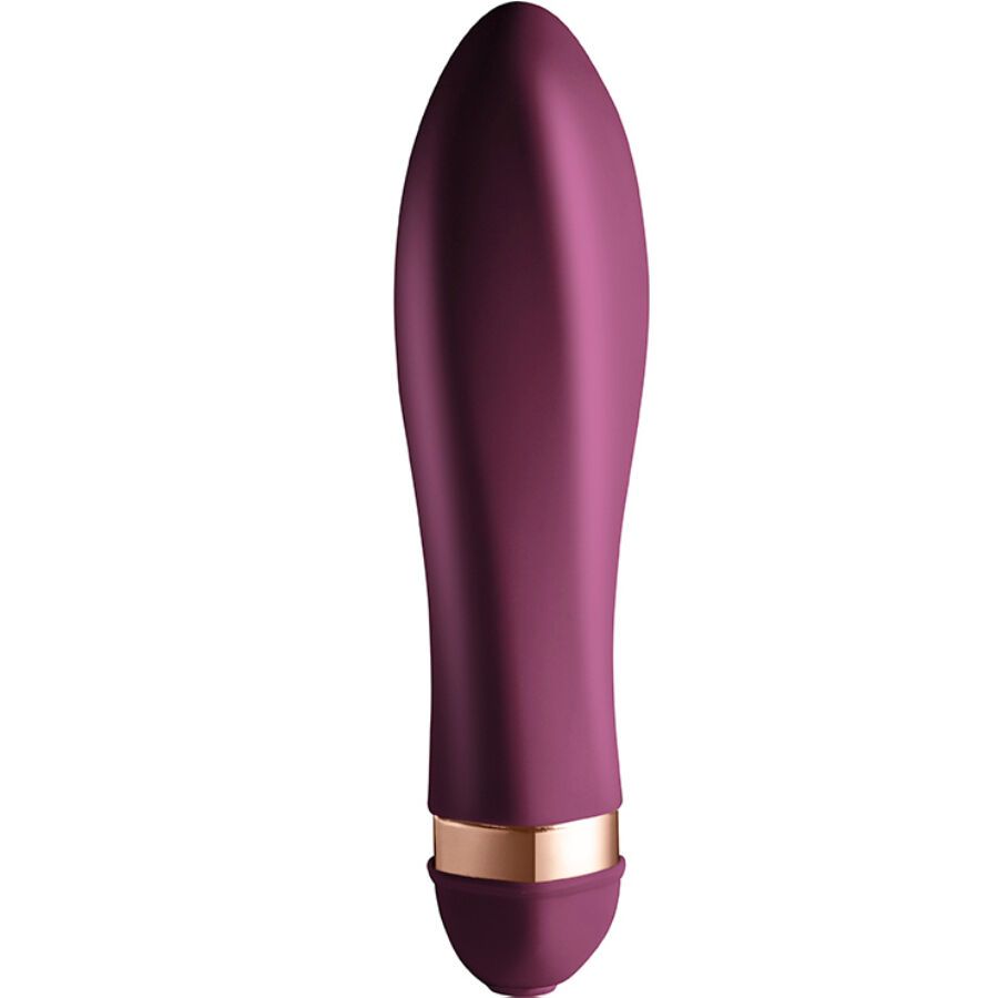 Ein lila Vibrator mit einem goldenen Ring am unteren Ende.