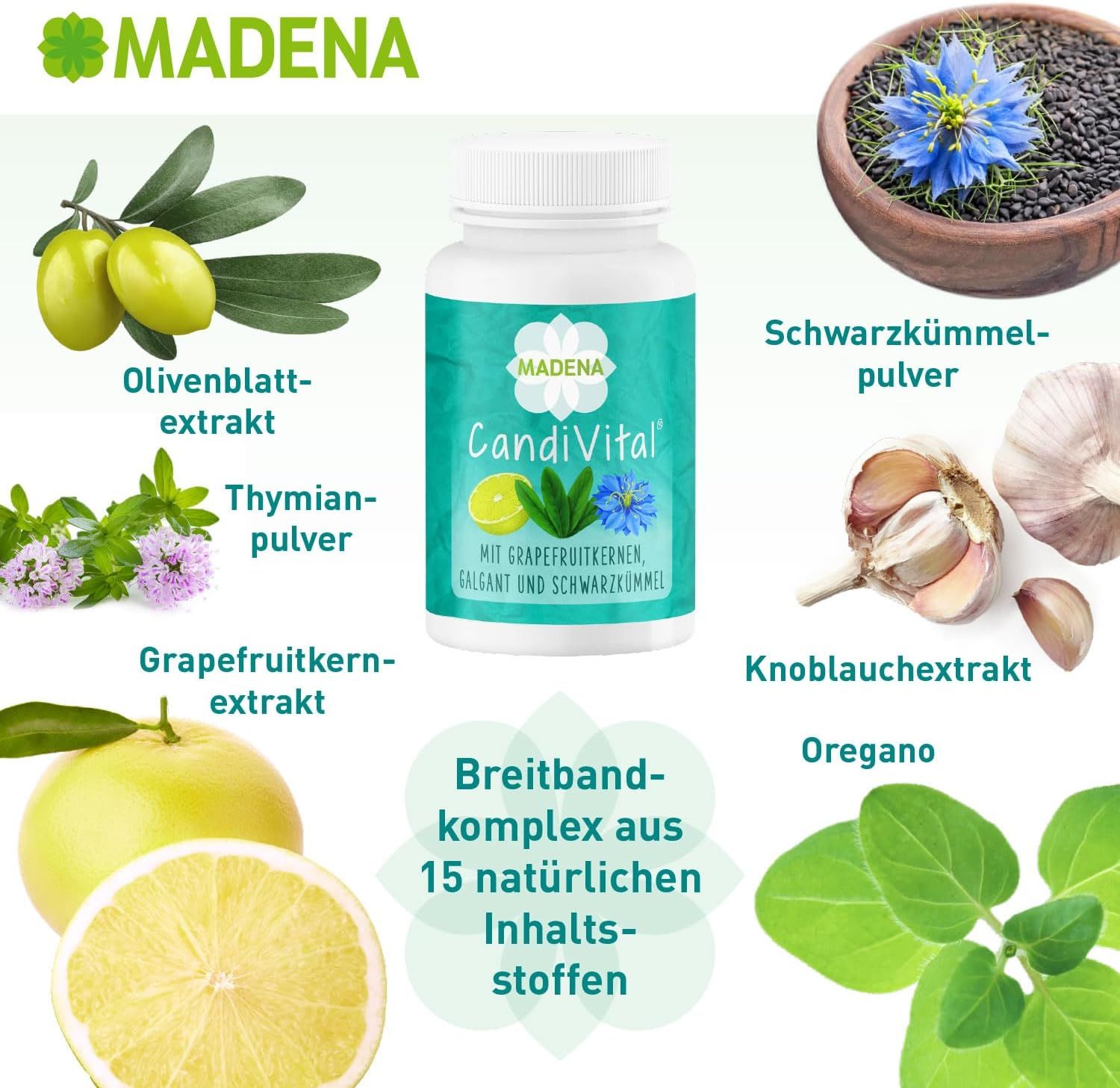 MADENA CandiVital-Packung mit Zutaten: Olivenblattextrakt, Thymianpulver, Grapefruitkernextrakt, Knoblauchextrakt, Oregano, Schwarzkümmelpulver.