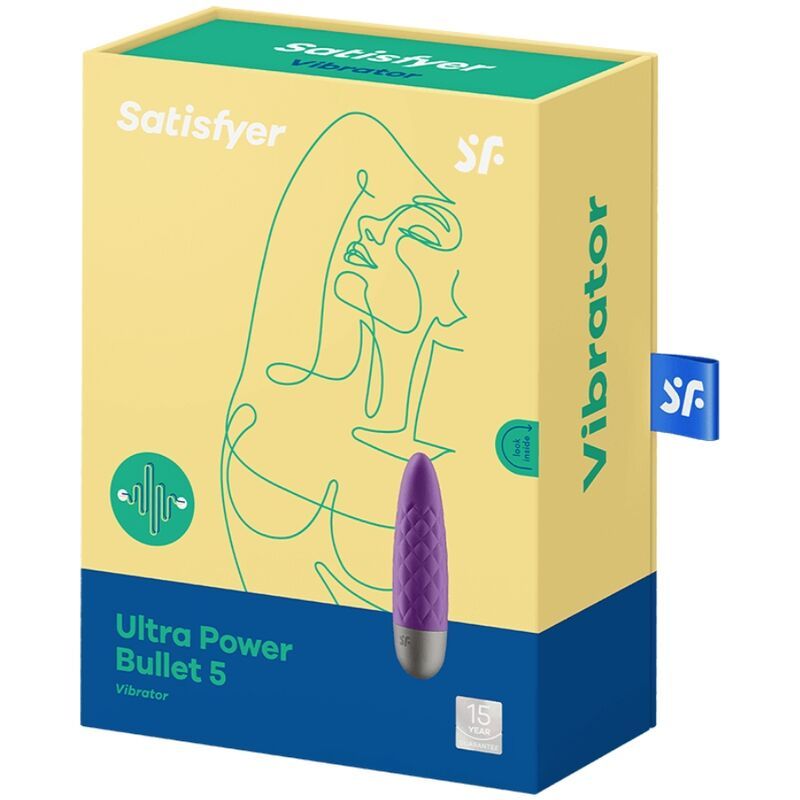 Violett Vibrator in Verpackung. Aufschrift: Satisfyer, Ultra Power Bullet 5. Grün-weißes Wellensymbol. 15 Jahre Jubiläum.