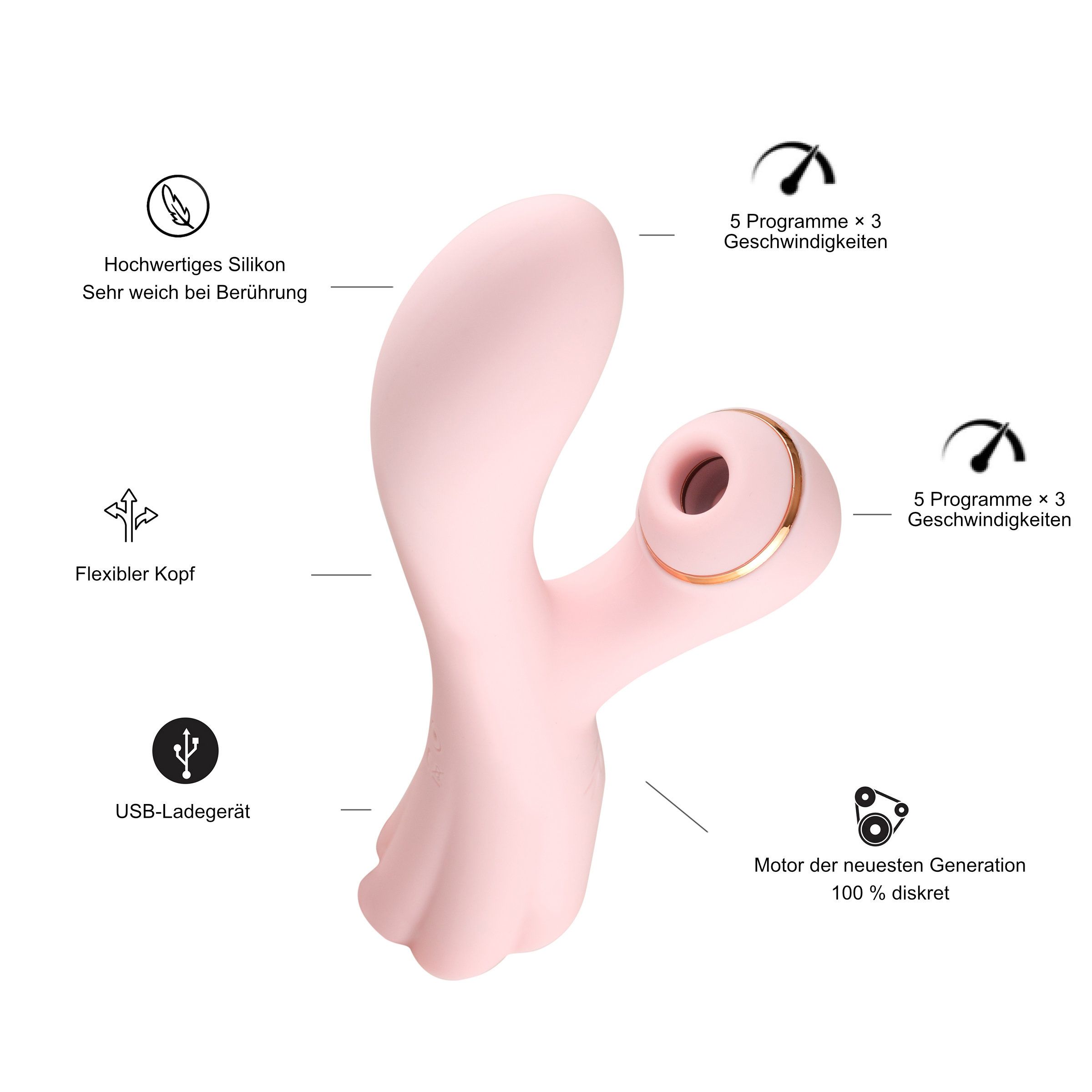Rosa Klitorisstimulator: Silikon, flexible Spitze, USB-Ladegerät, 5 Programme, 3 Geschwindigkeiten.