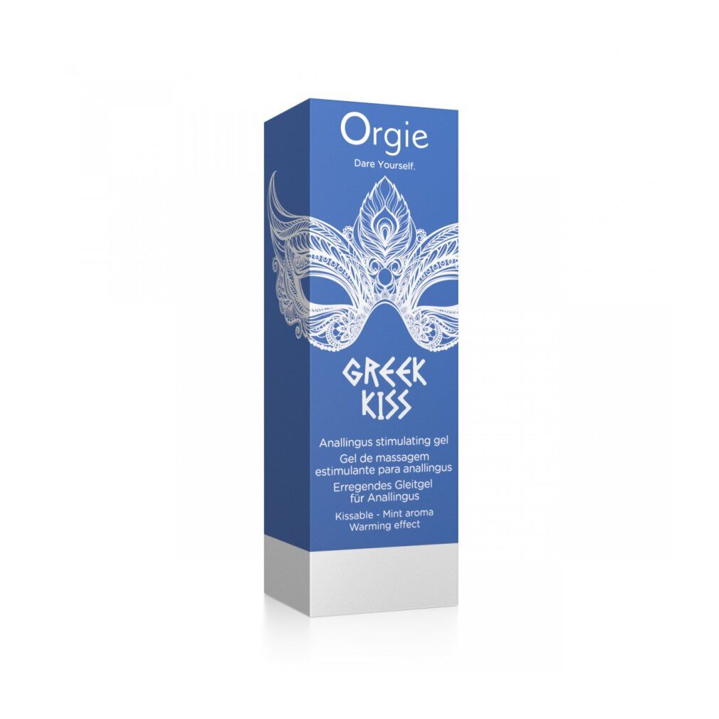 Blaue Produktverpackung mit "Orgie Greek Kiss" Schriftzug. Enthält Anal-Gel. Masken-Design. Weiße Unterseite.