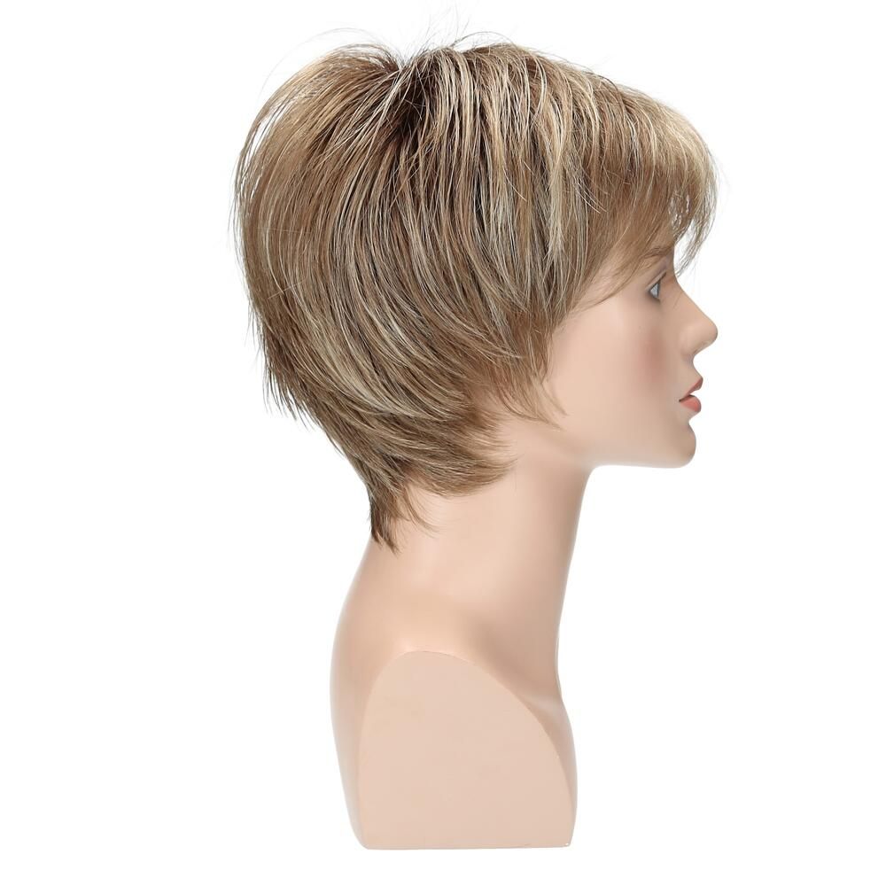 Perücke Maxi von trendhair in Mittel-/Hellblond, dunkler Ansatz, auf einem Schaufensterkopf. Seitenansicht.