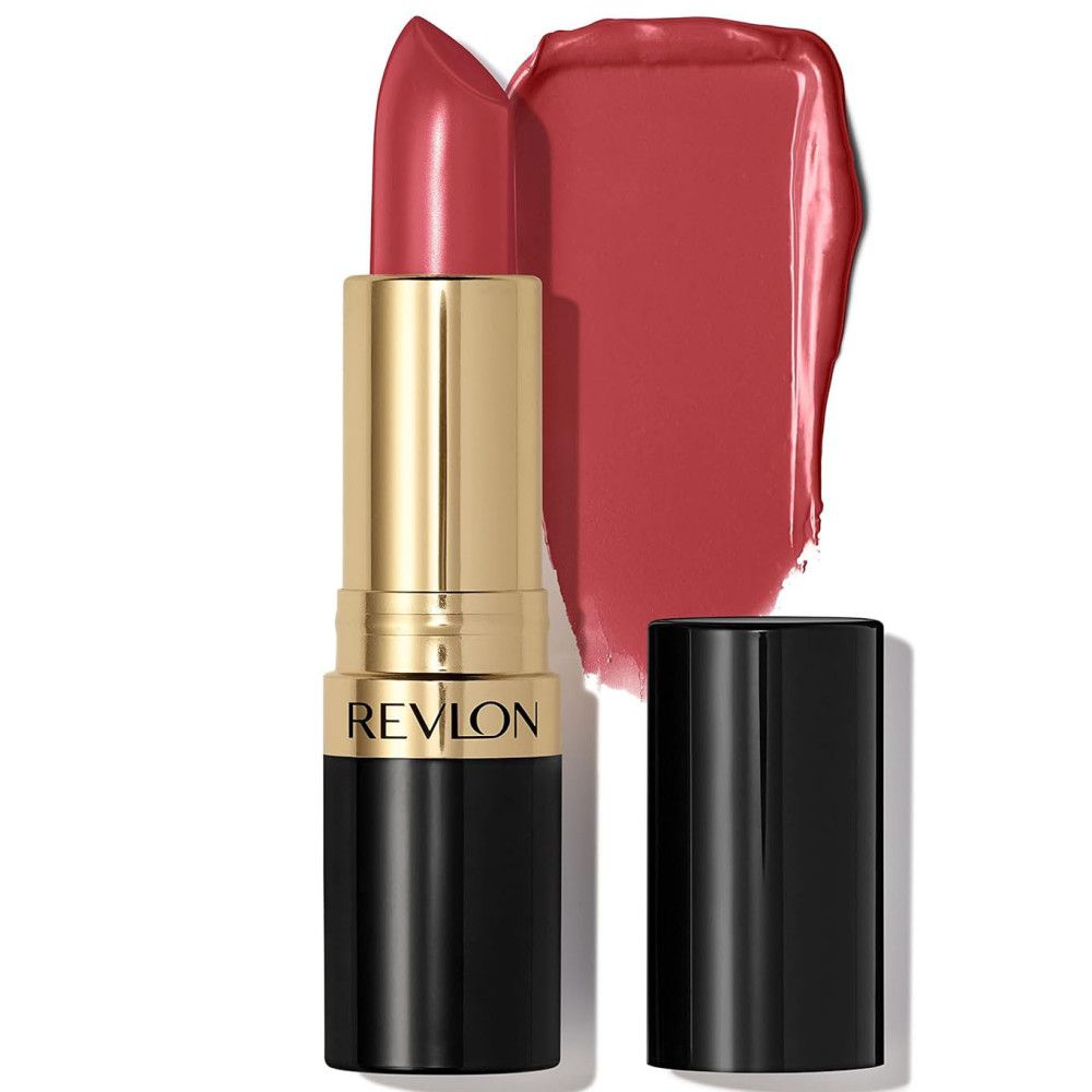 Lippenstift mit roter Spitze und Farbabstrich. Goldfarbener Mittelteil, schwarzer Boden. Aufschrift: REVLON.