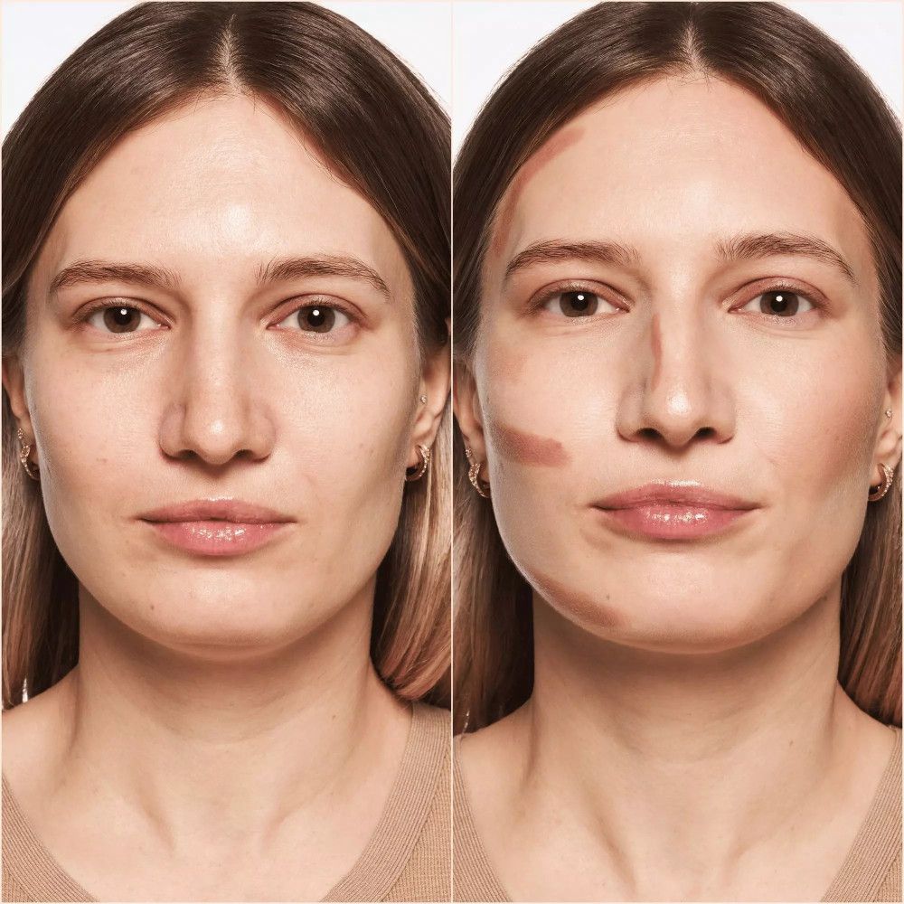 Vorher-Nachher-Vergleich. Gesicht einer Frau vor und nach dem Auftragen von Contouring-Produkten.