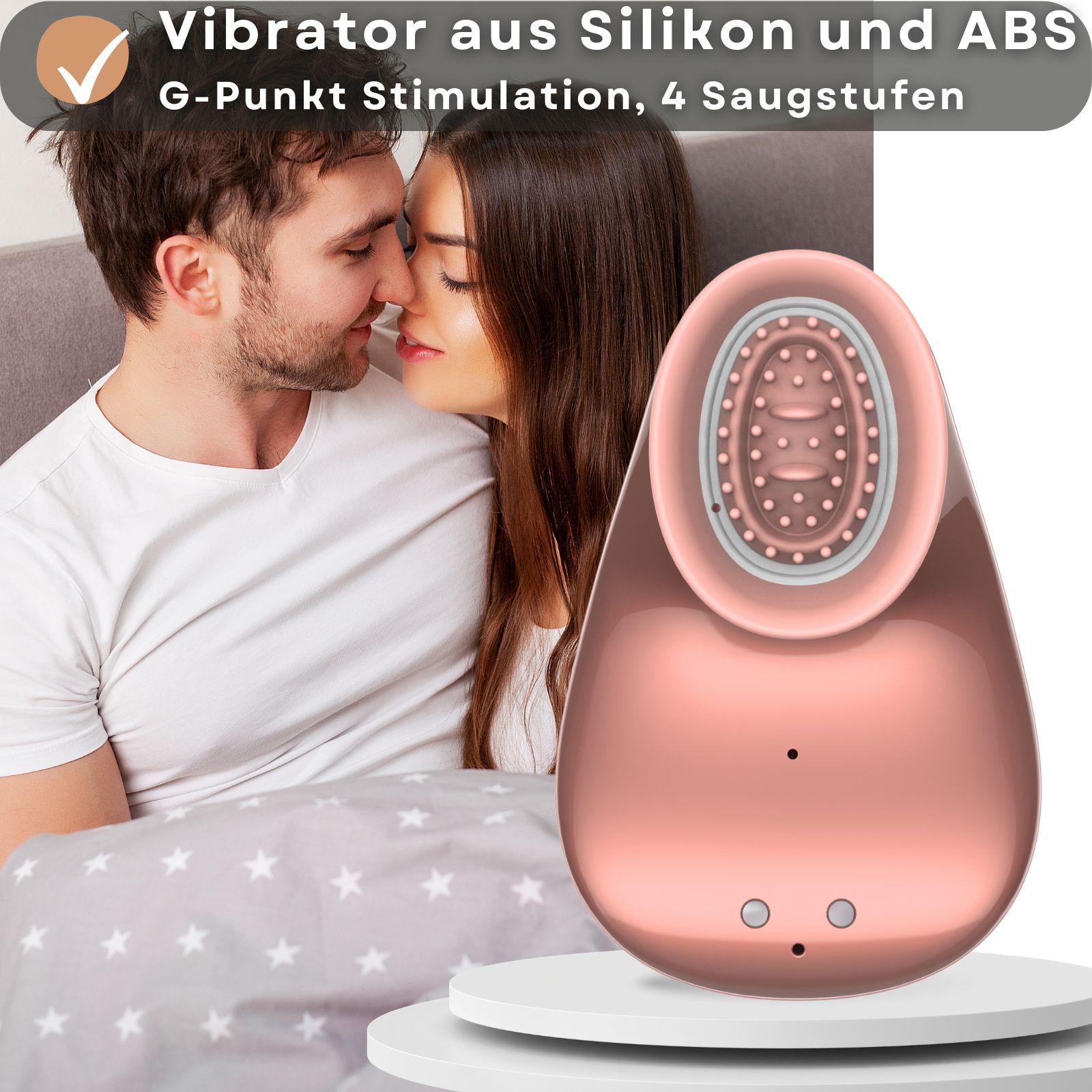 Rosa Sauger-Vibrator, Tropfenform. Ovale Öffnung mit Noppen. Paar im Hintergrund. Text: Vibrator aus Silikon und ABS, G-Punkt Stimulation, 4 Saugstufen.