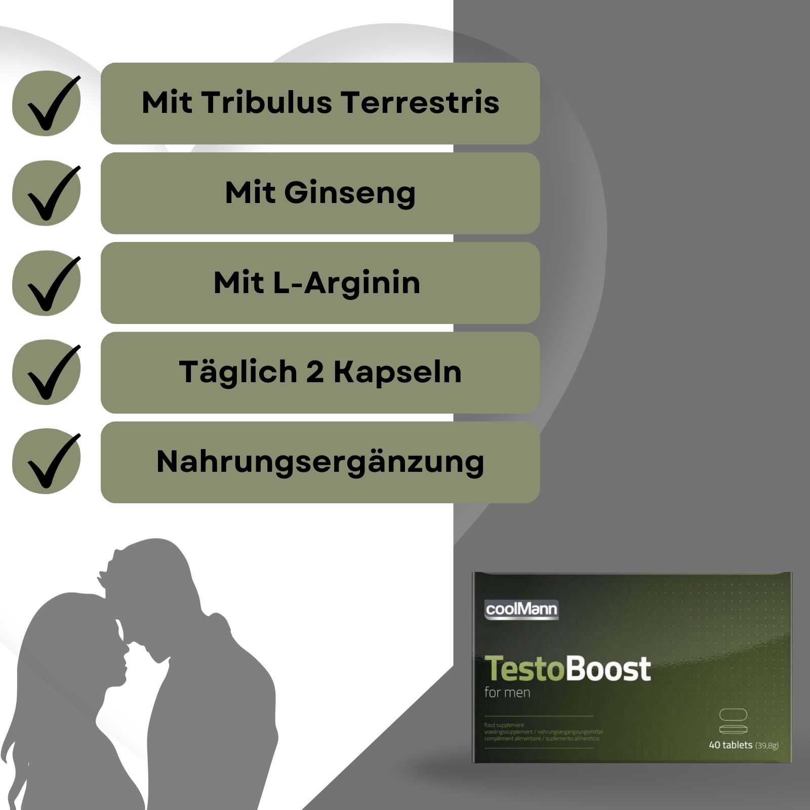Grafik mit Checklisten und "Coolmann TestoBoost"-Packung. Enthält: Tribulus Terrestris, Ginseng, L-Arginin, 2 Kapseln täglich, Nahrungsergänzung.