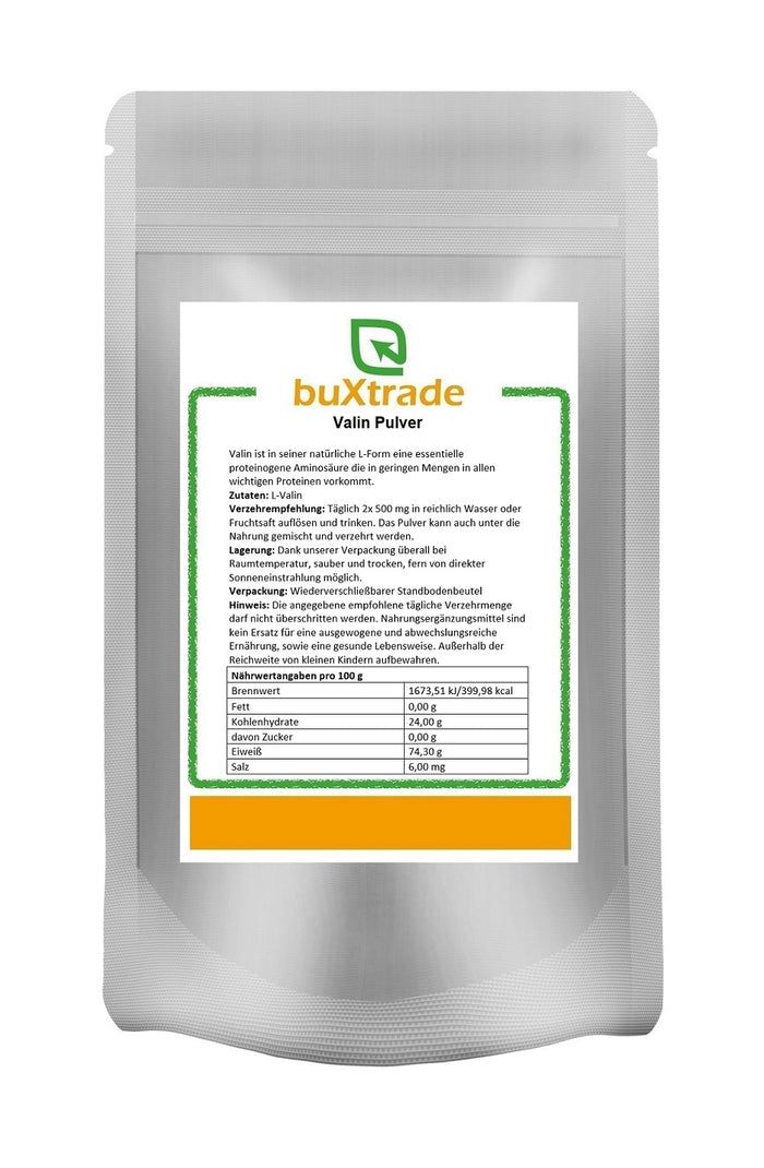 Beutel mit Produktinformationen. Aufschrift: buXtrade Valin Pulver. Enthält Nährwertangaben und Verzehrempfehlung.