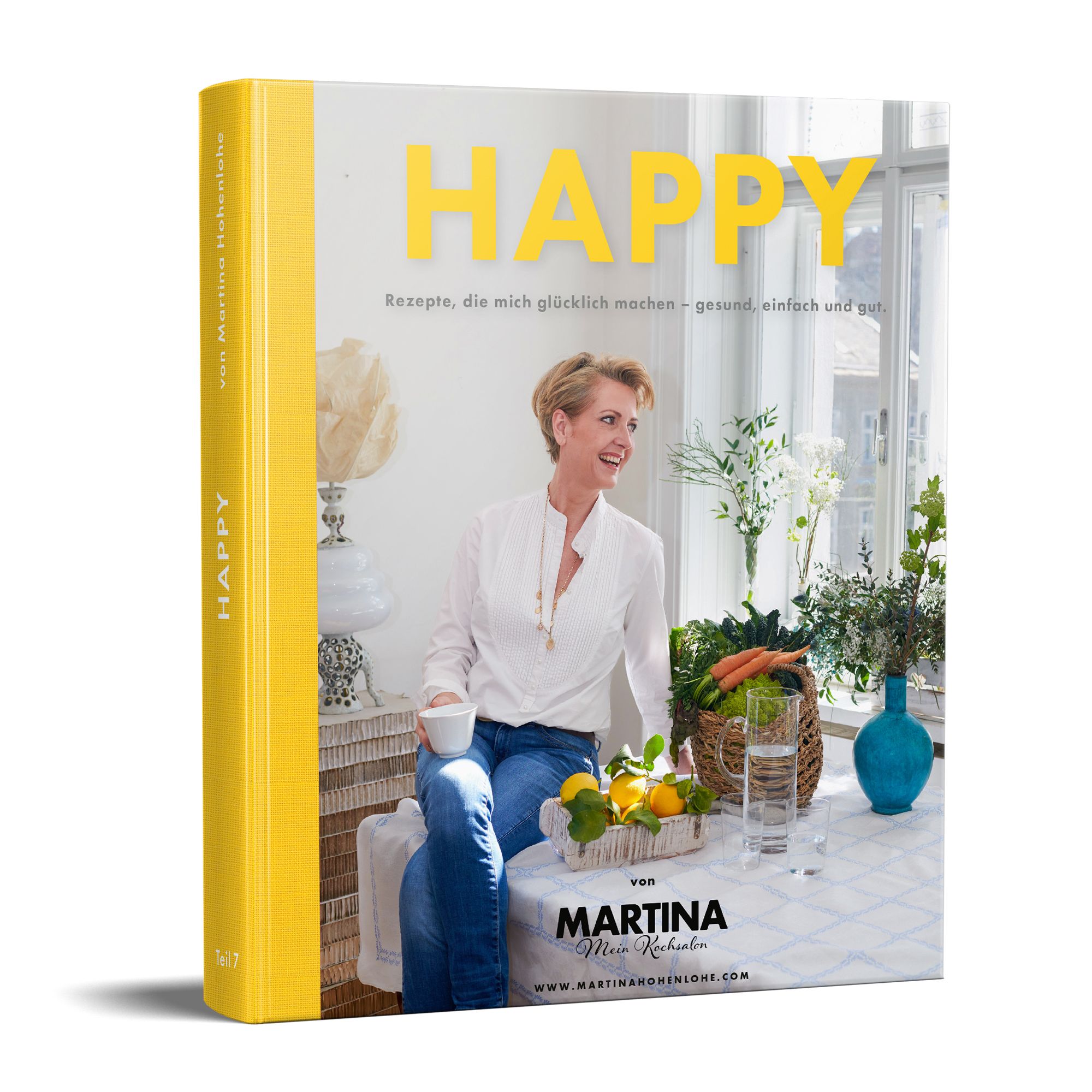 Buchcover mit gelbem Einband und Titel HAPPY. Frau sitzt am Tisch mit Gemüse und Zitronen. Autorin: Martina Richenhagen.