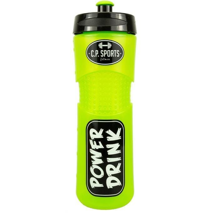 Grüne Trinkflasche mit schwarzem Deckel. Aufschrift "C.P. Sports" und "Power Drink".