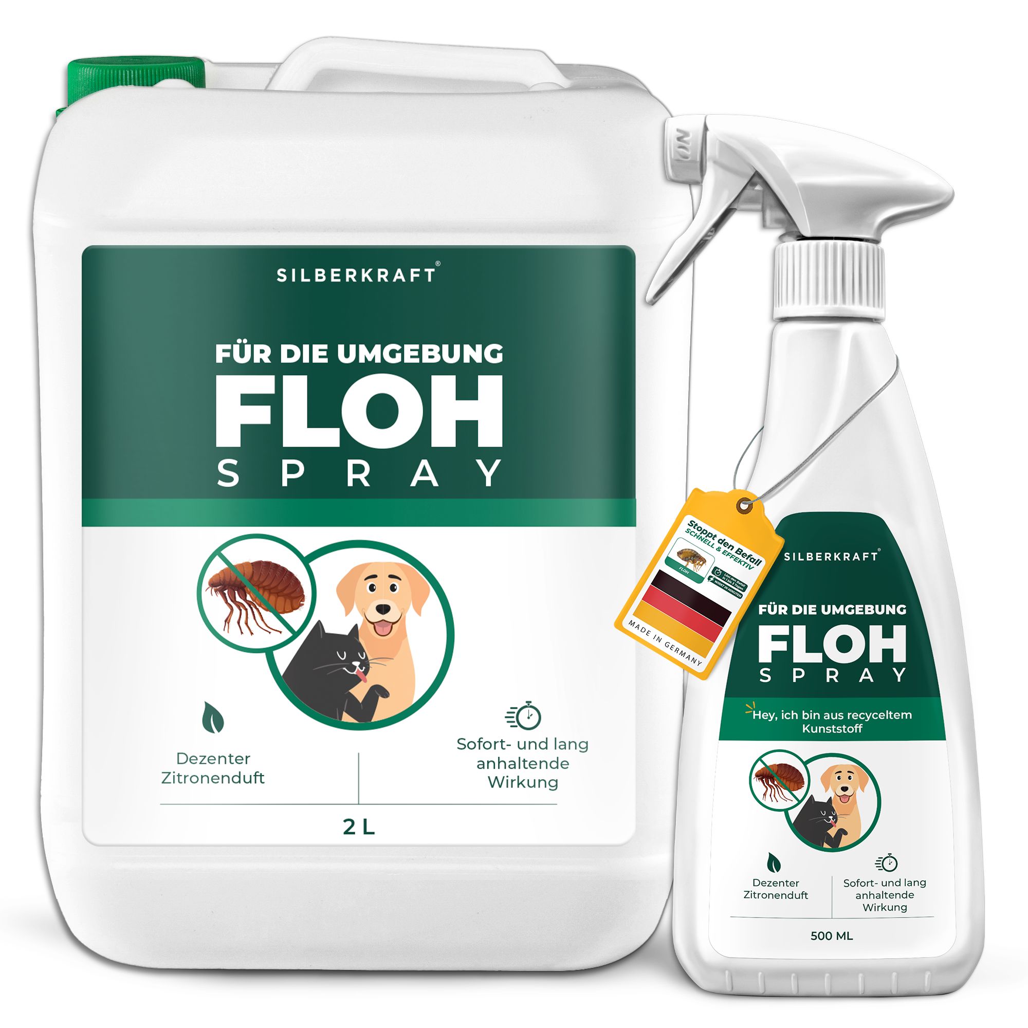 Zwei Behälter SILBERKRAFT Flohspray. Ein 2L Kanister und eine 500ml Sprühflasche. Beide mit Etikett, Illustrationen und Text.