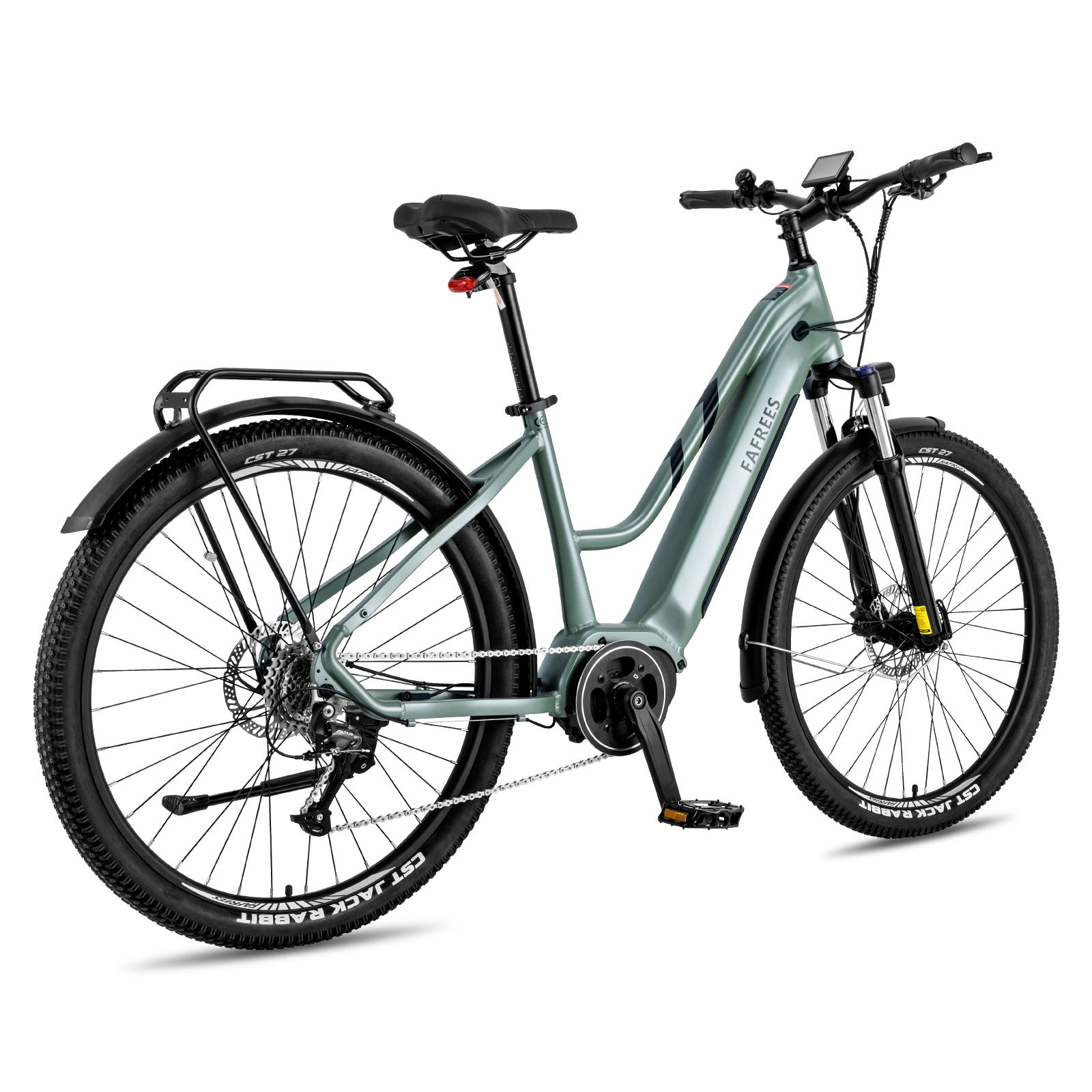 Hellgrünes E-Bike mit zentralem Motor. Schwarze Reifen, Schutzbleche und Gepäckträger. Marke FAFREES.